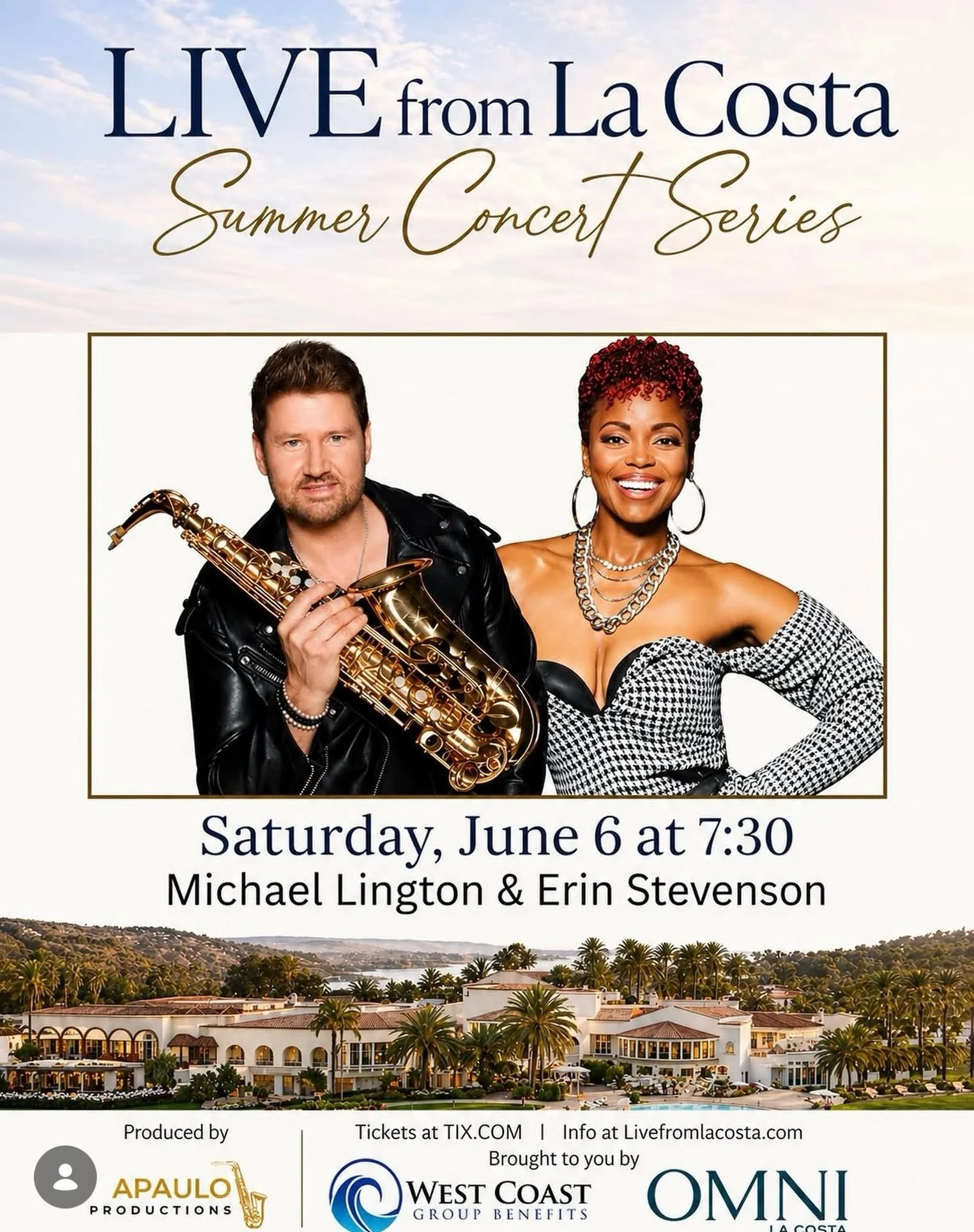 SOCAL 📢 Meet me there! Join me and @erinstevensonmusic for an incredible night at @omnilacosta 
Details and 🎟️ on michaellington.com