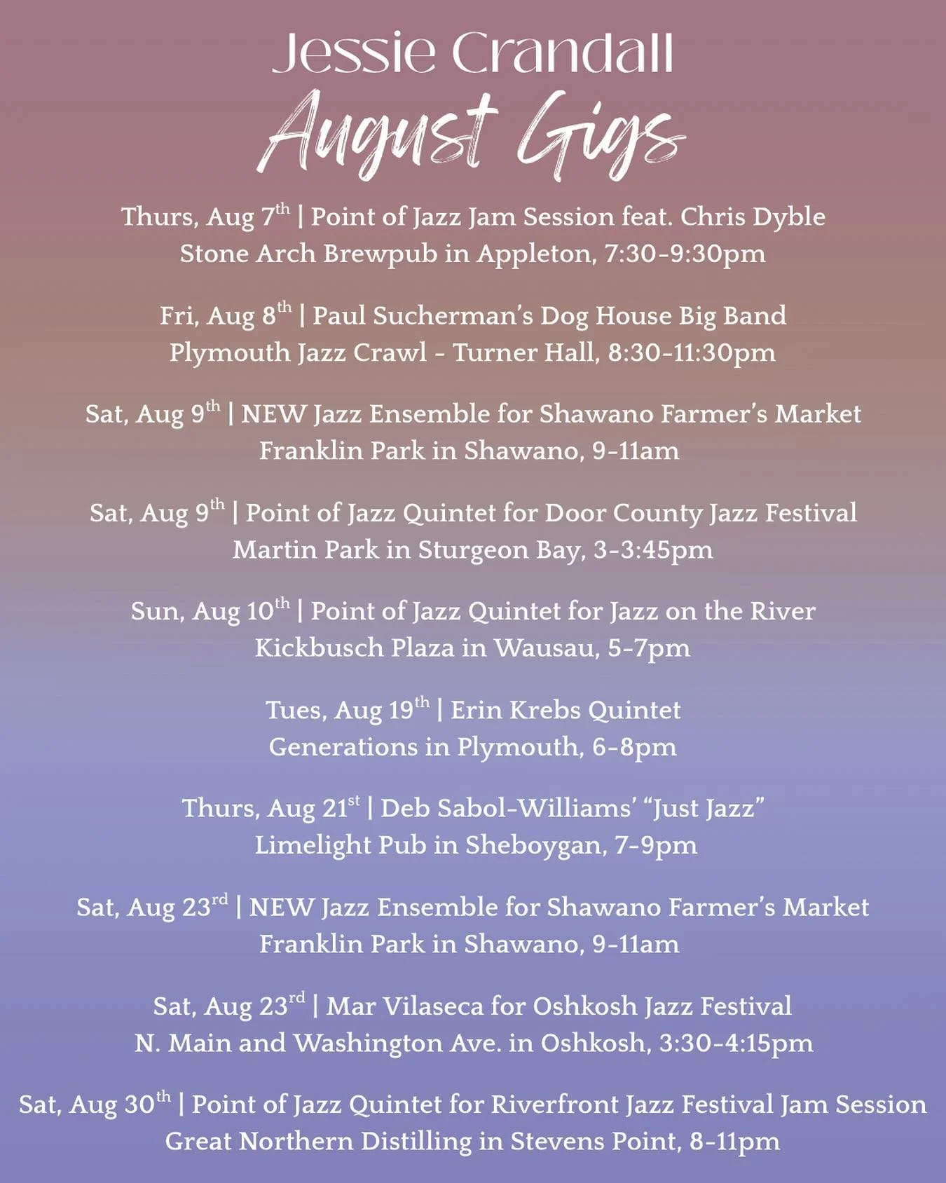 My August gigs! Looking forward to a fun month of playing 🎶 #livemusic #jazz #wisconsin