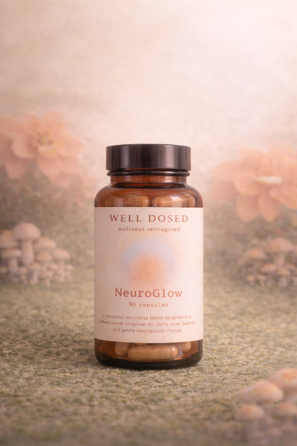 A bottle of Well Dosed NeuroGlow capsules on a textured surface with a soft, pastel-colored background with floral elements.