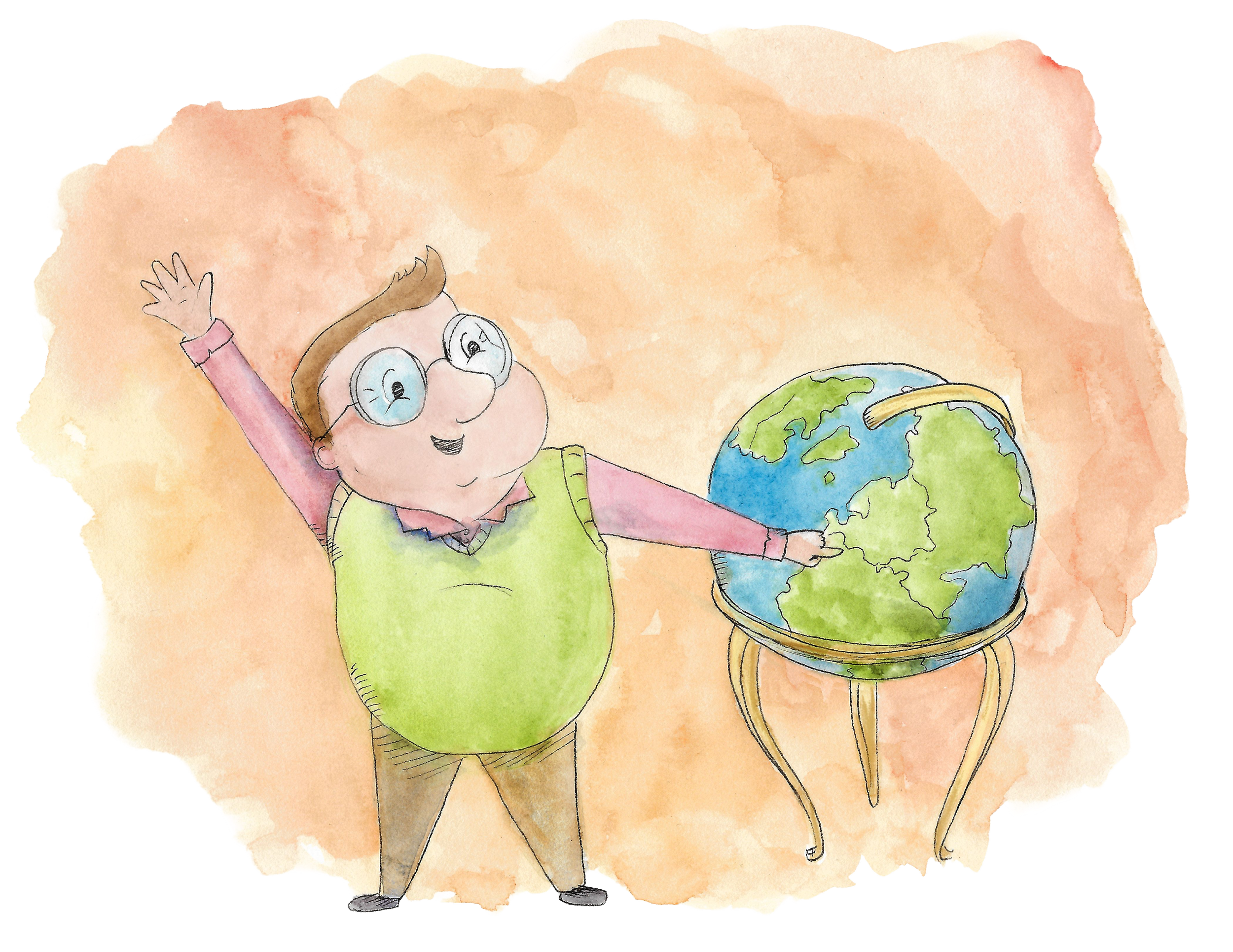 Watercolor illustration of a young girl with glasses, smiling, waving, and standing next to a globe on a stand.