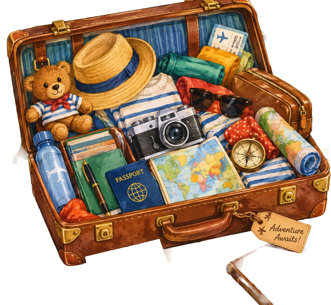 Open suitcase packed with travel objects, including a passport, camera, sunglasses, and map