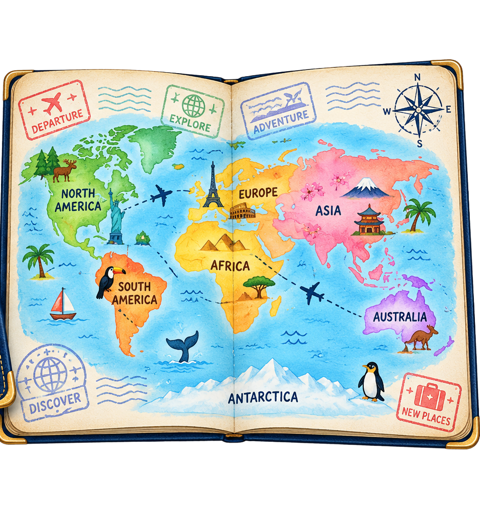 Open passport with colorful world map