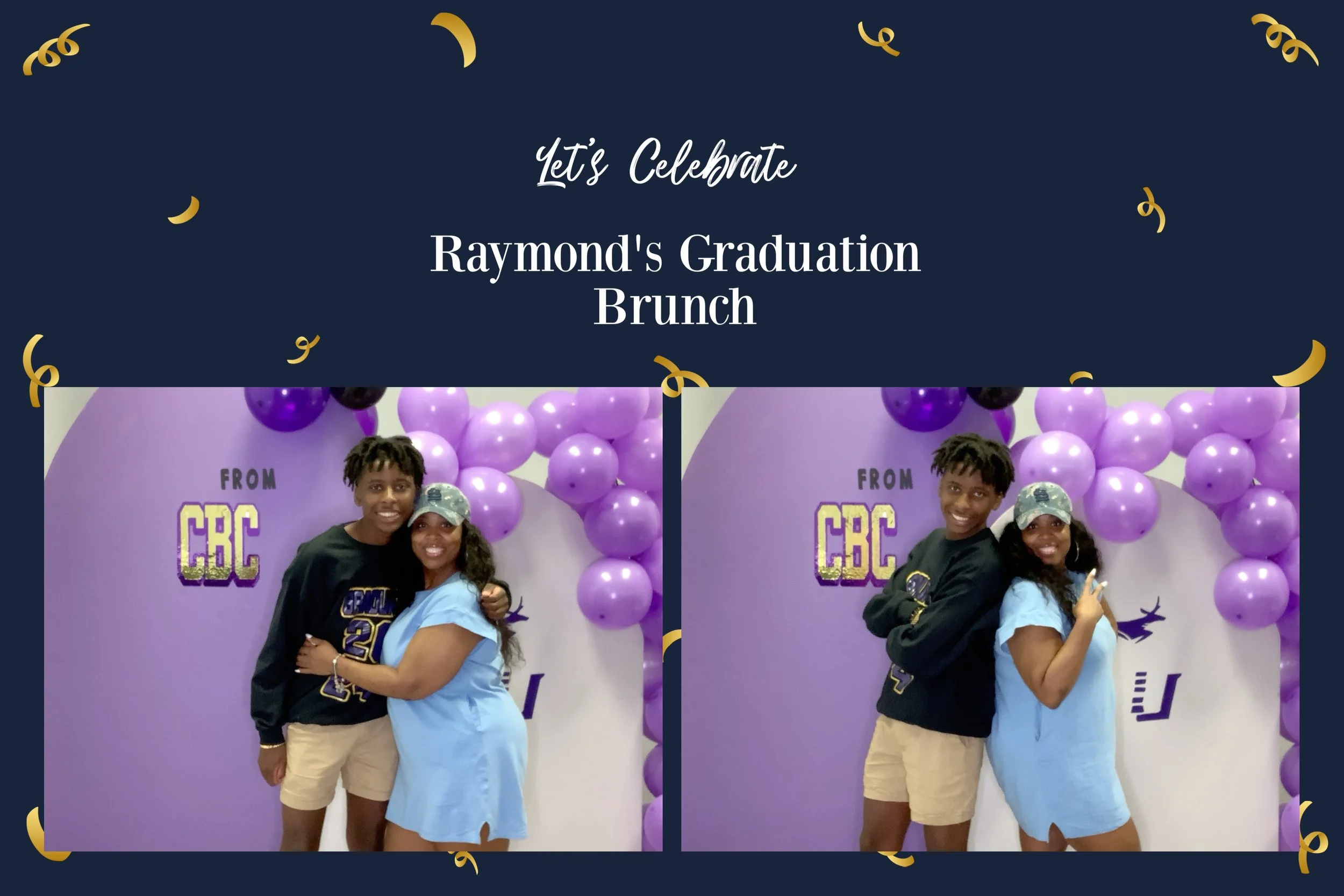 Two photos of a young man and woman at a graduation celebration with purple balloons in the background. The sign reads 'From CBC' and 'Let's Celebrate Raymond's Graduation Brunch'.