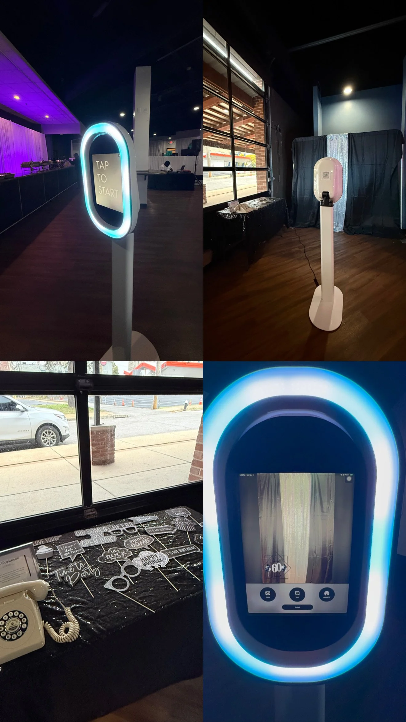 Photographs of a tech setup with a touchless check-in kiosk, a height measurement station, a photo booth, and a display screen, all in a modern indoor venue.