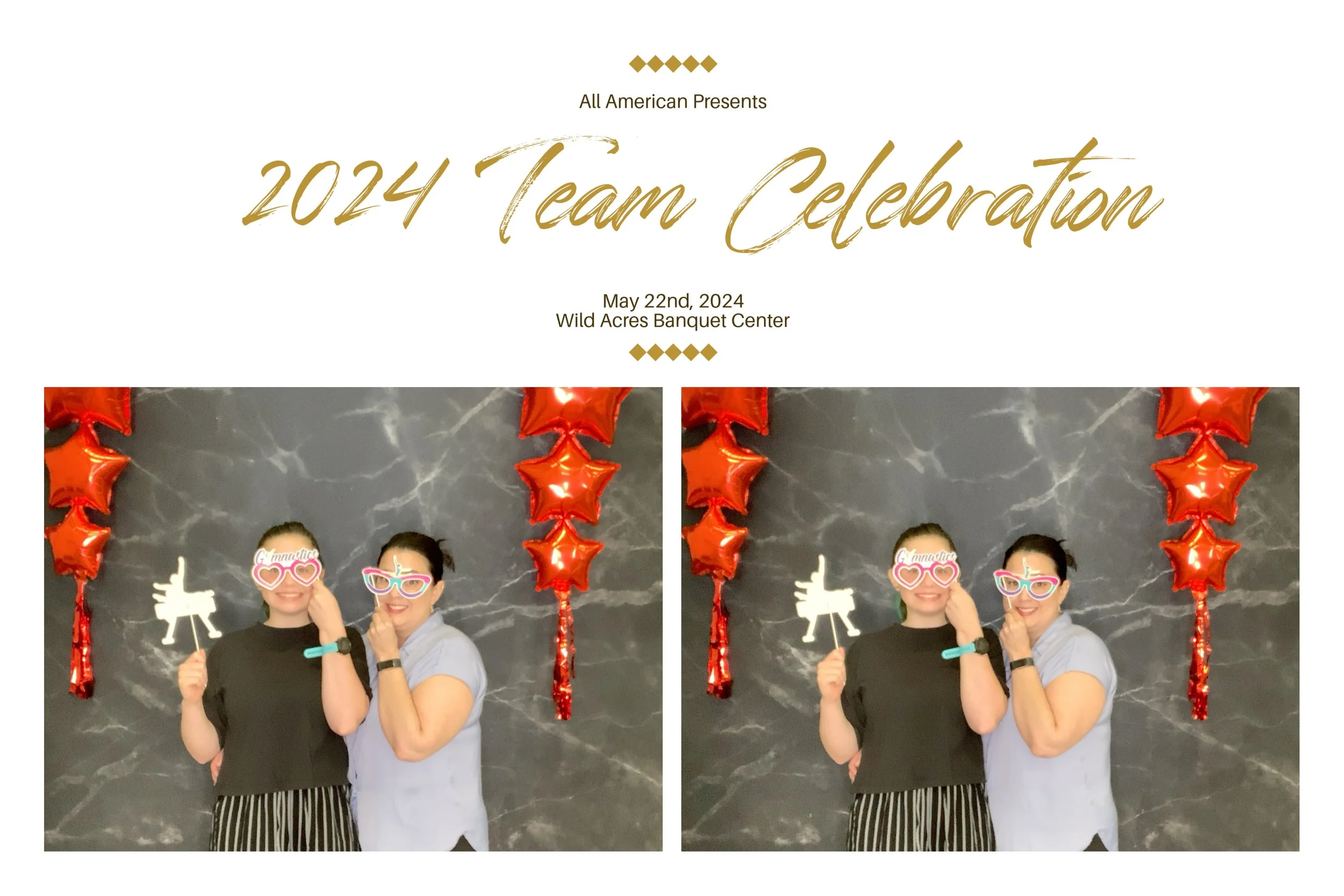 A celebration banner for the 2024 Team Celebration event on May 22, 2024, at Wild Acres Banquet Center. The banner features two women posing with props, standing in front of a dark marbled backdrop adorned with red star-shaped balloons and a white pa