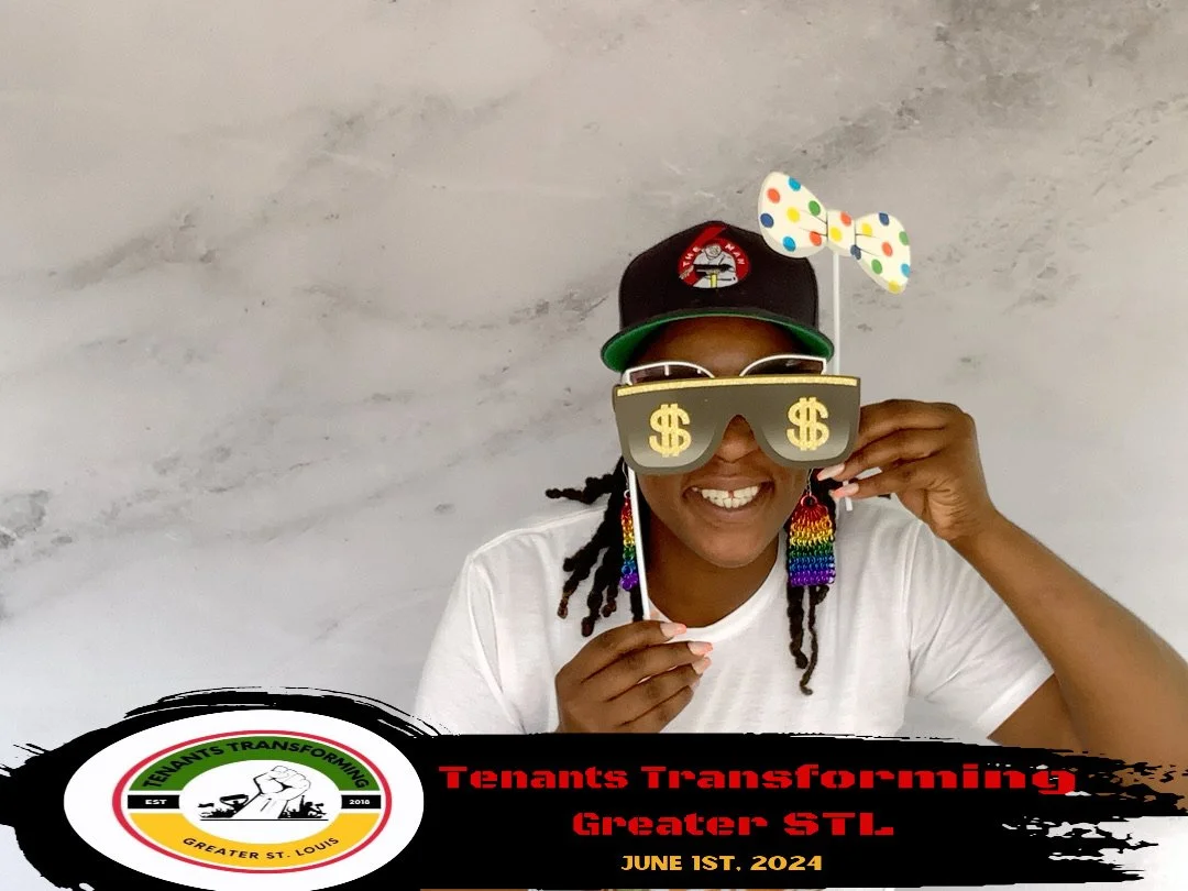 A woman smiling, wearing novelty sunglasses with dollar signs, rainbow earrings, a black cap with a red logo, and holding a colorful bow tie prop. She is in front of a plain background. There is a logo and text at the bottom indicating an event calle
