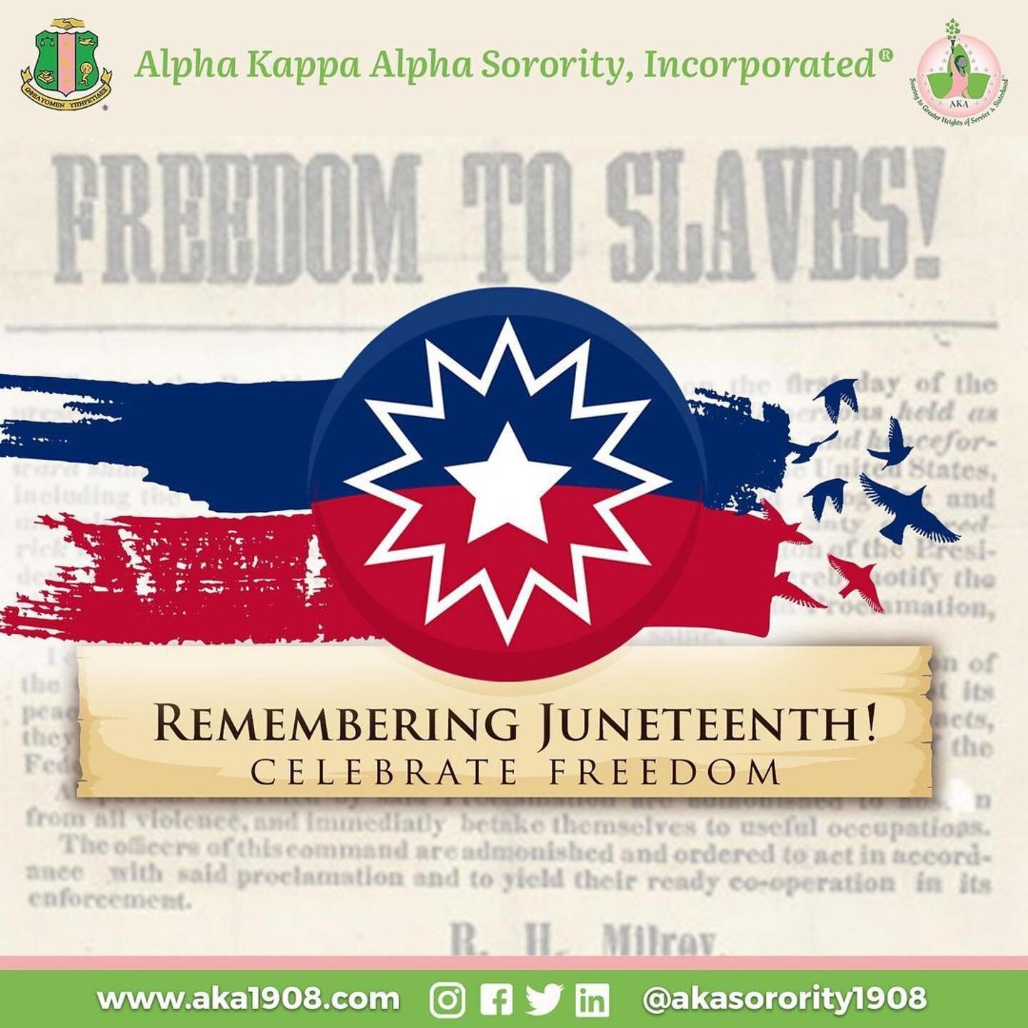 #Repost @akasorority1908
・・・
Juneteenth is a day to honor and remember. As we celebrate this national holiday, let us reflect on the resilience of our ancestors, celebrate the contributions of our people and imagine the possibilities of our future. H