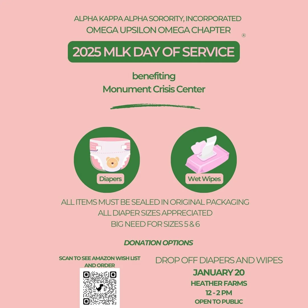 MLK Day of Service is a day to honor the legacy of Dr. Martin Luther King, Jr.'s life and work. Omega Upsilon Omega is hosting a diaper and baby wipe drive benefiting @monumentcrisiscenter in observation of MLK Day of Service on Monday, January 20, 2