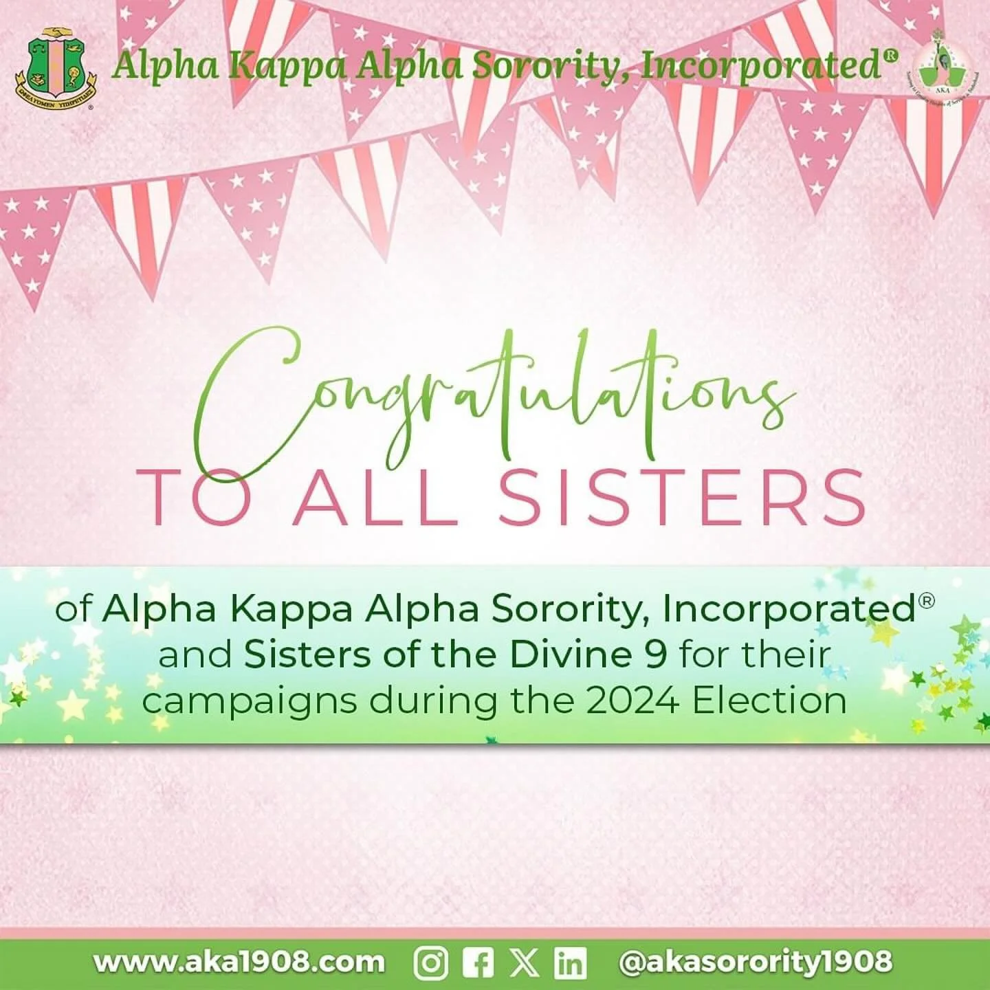 #Repost @akasorority1908
・・・
With sincere happiness and pride, Alpha Kappa Alpha Sorority, Inc.&reg; would like to congratulate all of our Sisters and Sisters of &lsquo;The Divine 9&rsquo; on their campaigns during the 2024 Election! We celebrate wit