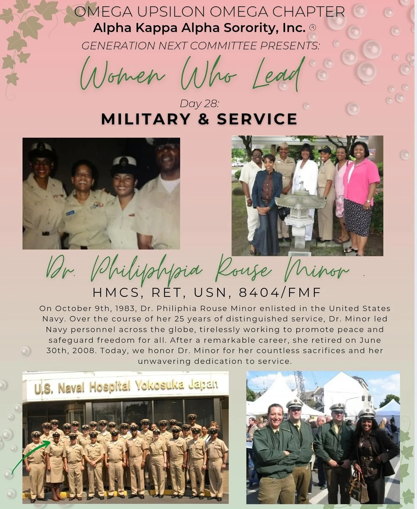 Military &amp; Service: Honoring the dedication and leadership of Dr. Philiphpia Rouse Minor, HMCS, Ret., USN. From enlisting in 1983 to retiring in 2008, she exemplified strength, service, and sacrifice. As a trailblazer in military medicine (8404/F