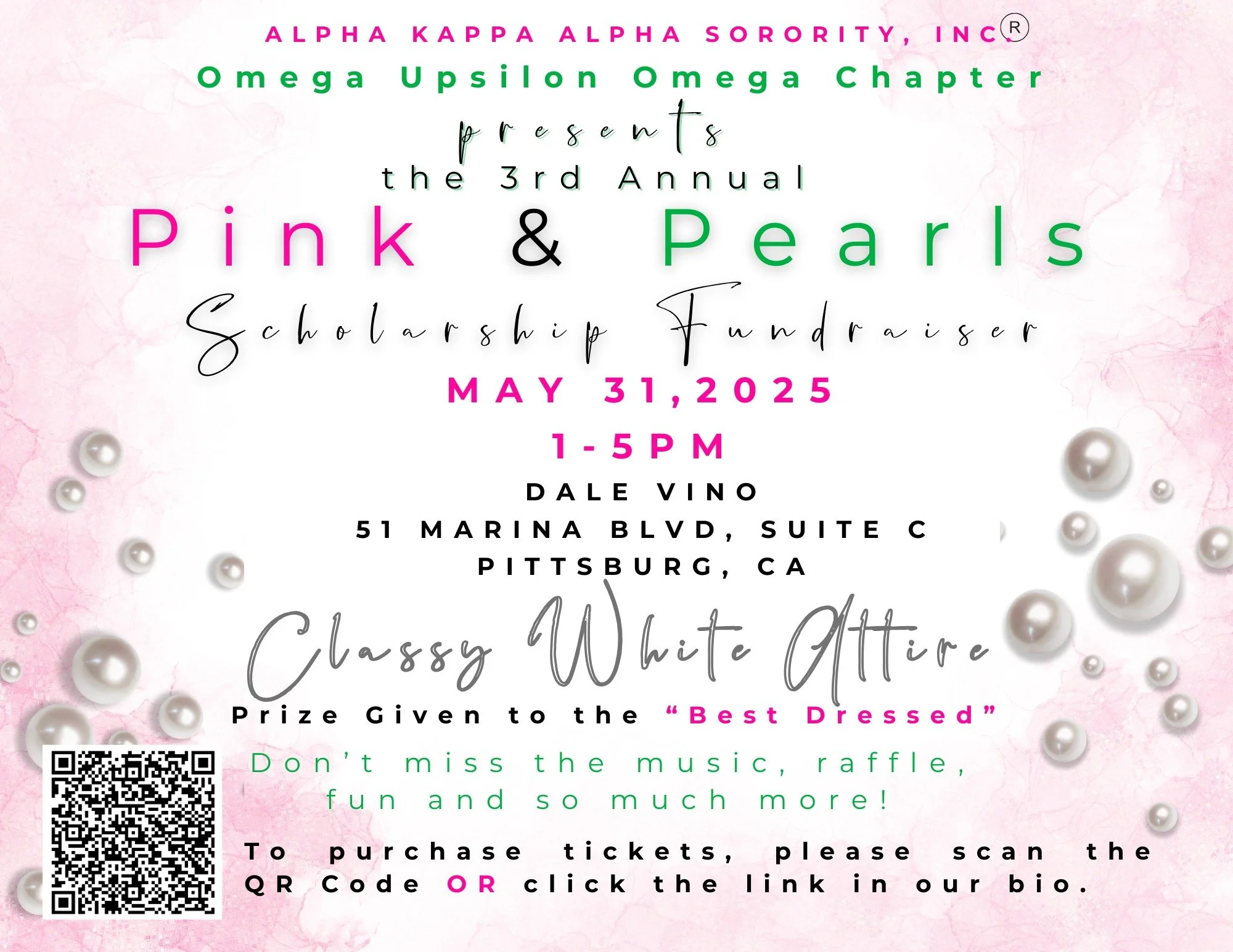 ✨ Get ready for an afternoon of elegance and purpose! ✨
Join the ladies of Alpha Kappa Alpha Sorority, Inc., Omega Upsilon Omega Chapter for our 3rd Annual Pink &amp; Pearls Scholarship Fundraiser!

📅 Date: May 31, 2025 ⏰ Time: 1:00 PM - 4:00 PM 📍 
