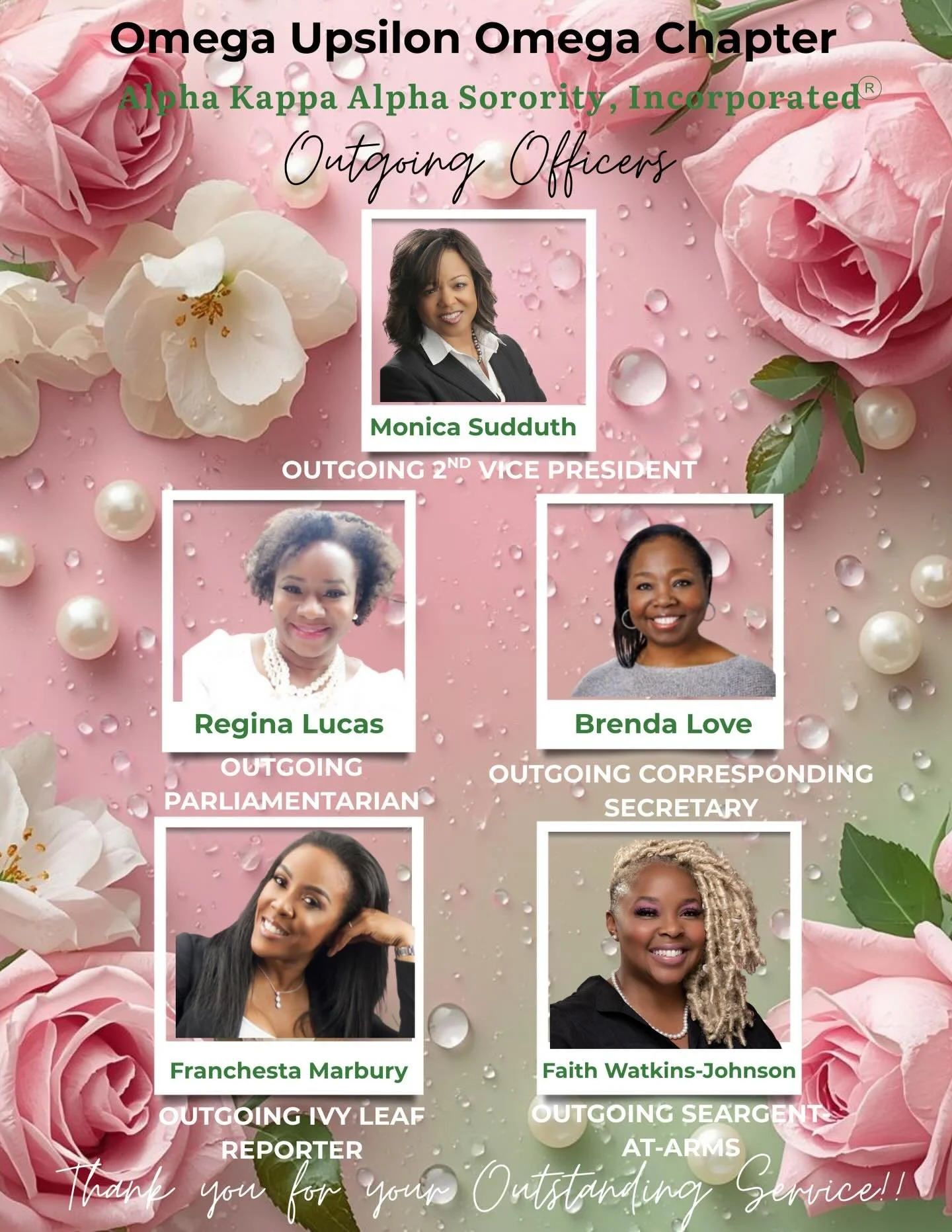 To lead is to serve, and these phenomenal women have served with grace, dedication, and heart. 💗💚

As their terms come to an end, the Omega Upsilon Omega Chapter pauses to say a heartfelt &ldquo;Thank You&rdquo; to our outgoing officers:

✨ Monica 
