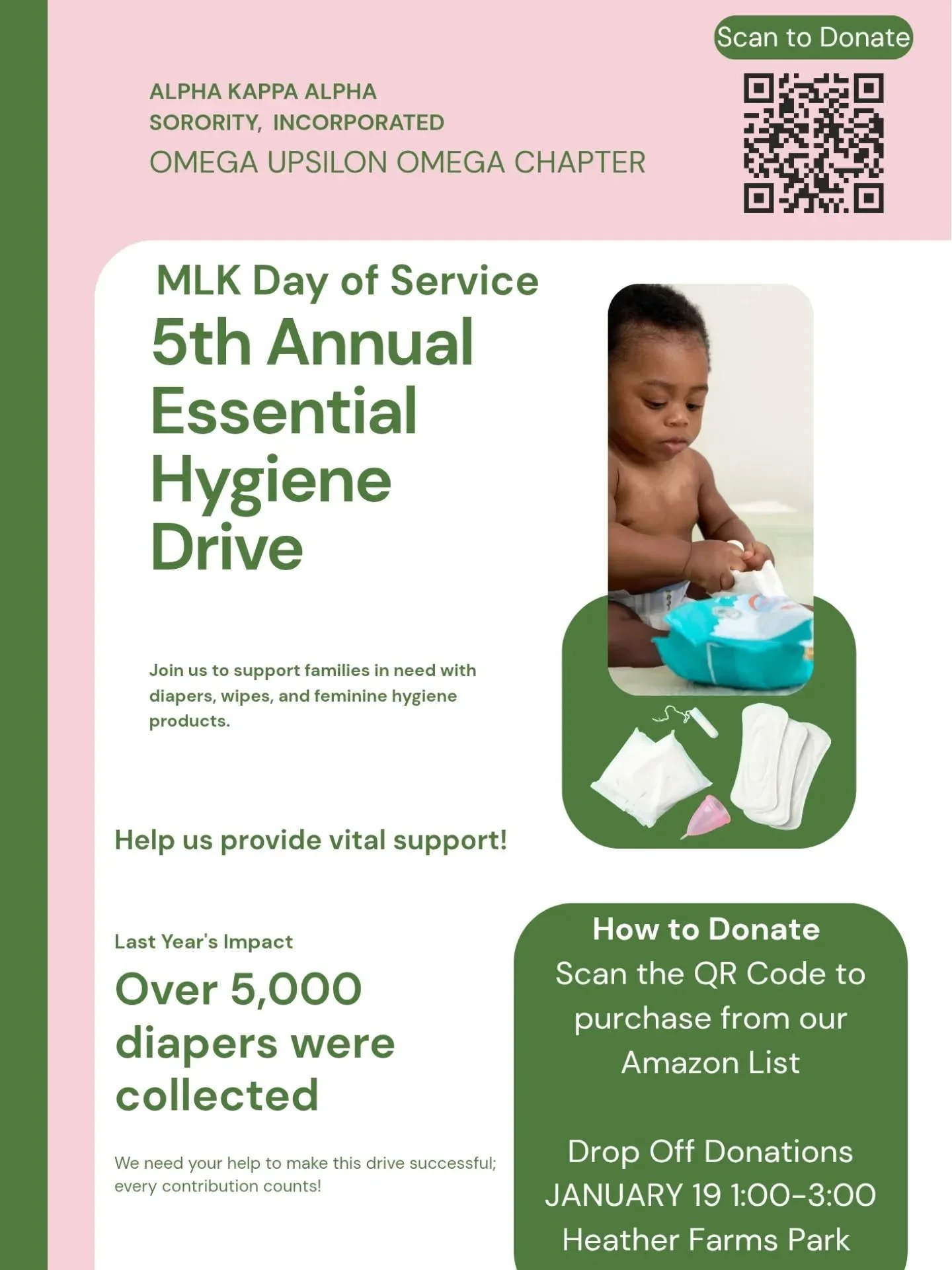 MLK Day of Service is a day to honor the legacy of Dr. Martin Luther King, Jr.'s life and work. 
Omega Upsilon Omega is hosting an Essential Hygiene Drive benefiting @monumentcrisiscenter in observation of MLK Day of Service on Monday, January 19, 20