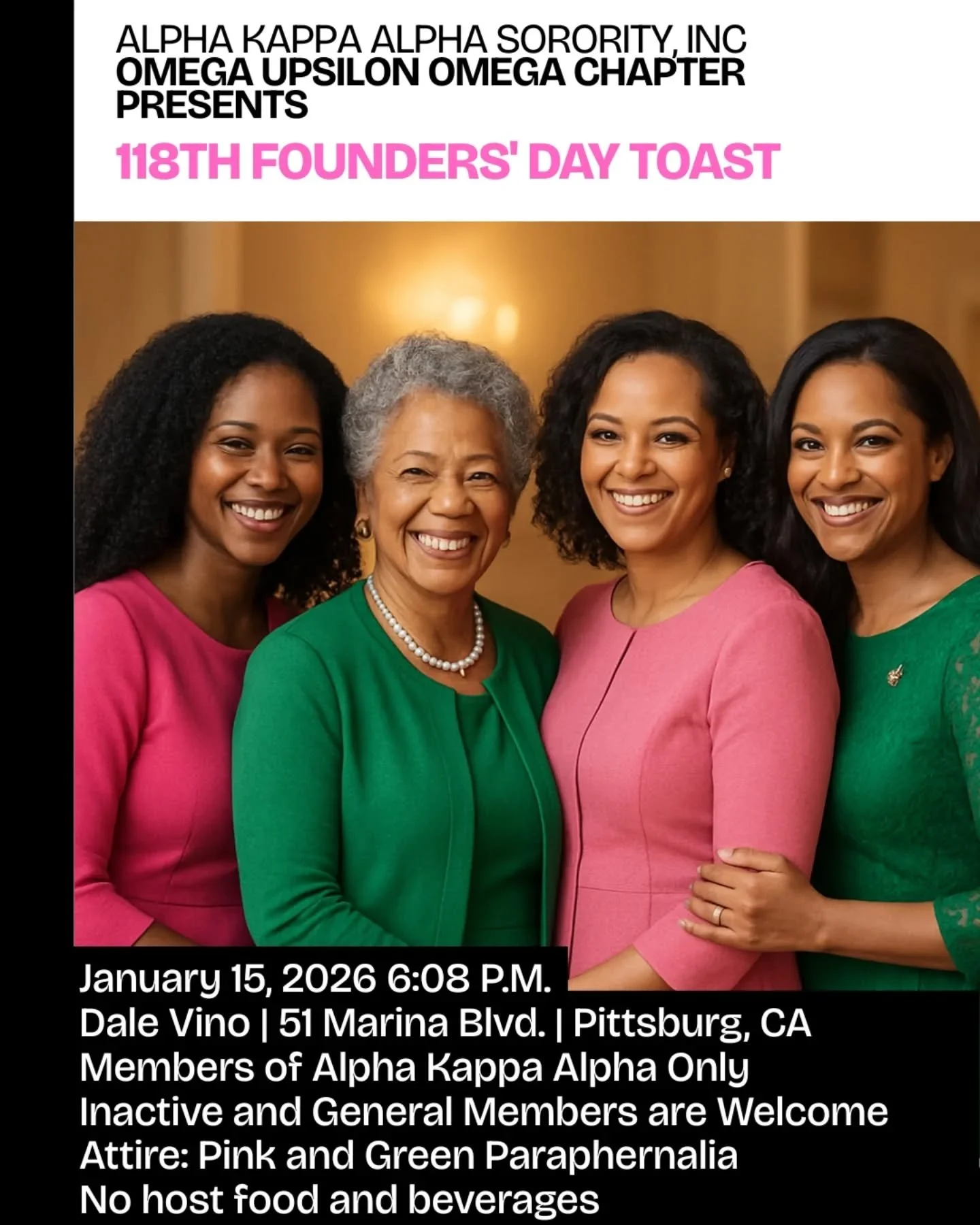 Members of Alpha Kappa Alpha Sorority, Inc are welcome to join Omega Upsilon Omega chapter as we celebrate 118 years of sisterhood in honor of Founders' Day. 🩷💚 

We welcome all active and inactive members to fellowship on Thursday, January 15, 202