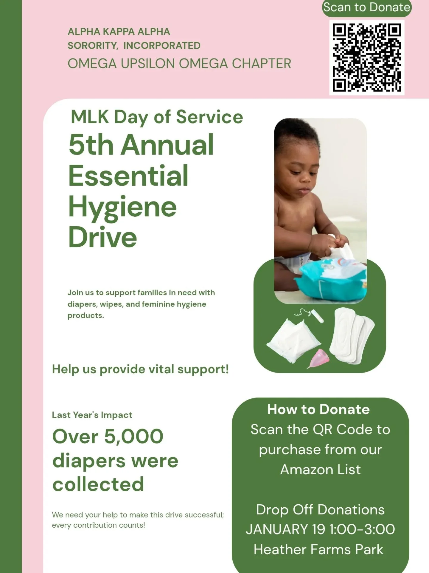 MLK Day of Service is upon us! Meet
Omega Upsilon Omega at Heather Farms Park to drop off donations for our annual Essential Hygiene Drive benefiting @monumentcrisiscenter,  in observation of MLK Day of Service - "We Are One" on Monday, Jan