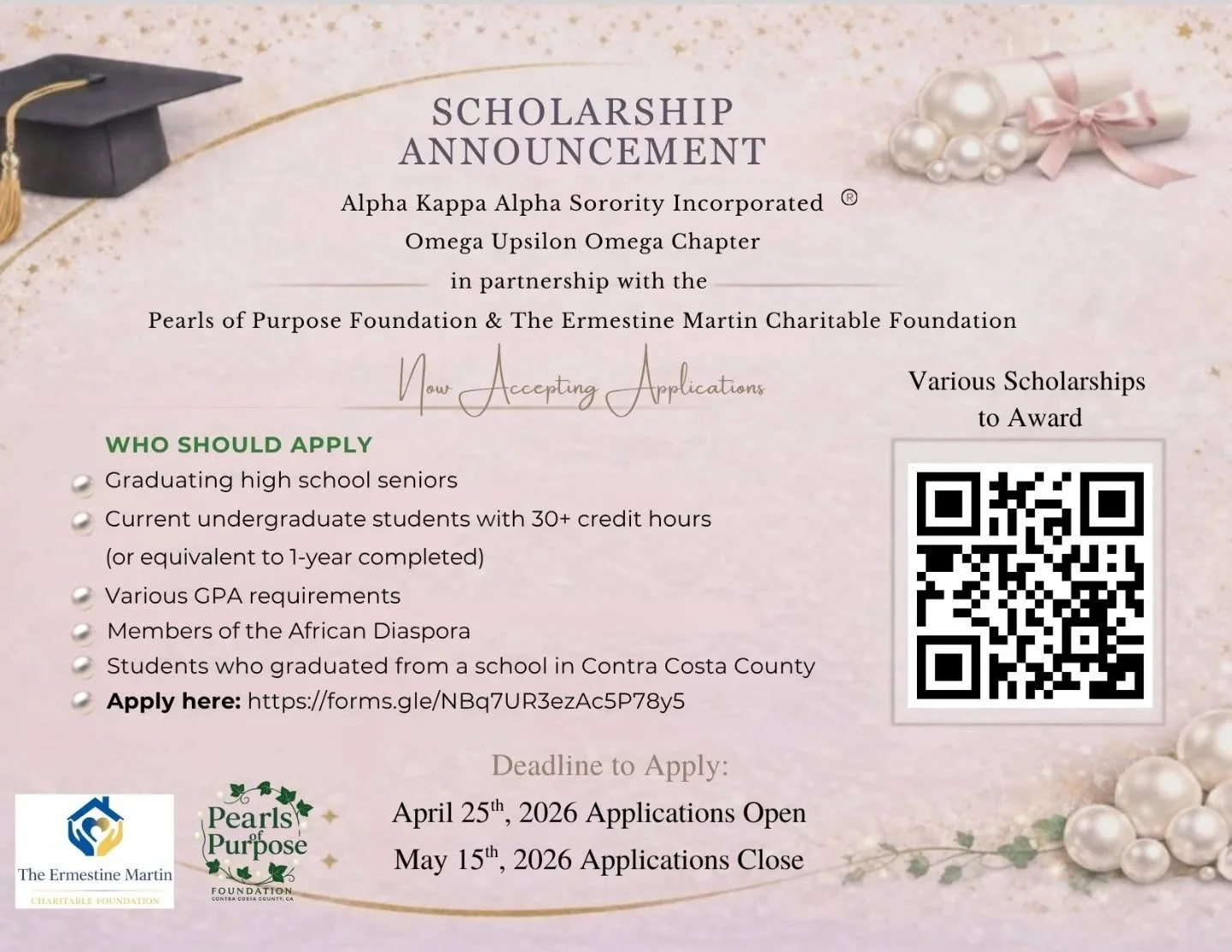 🎓🎓🎉 Calling all Contra Costa County scholars! 🎓🎓🎉

Omega Upsilon Omega Chapter, in partnership with the Pearls of Purpose Foundation and The Ermastine Martin Charitable Foundation, are proud to support the next generation of scholars. 

2026 Sc