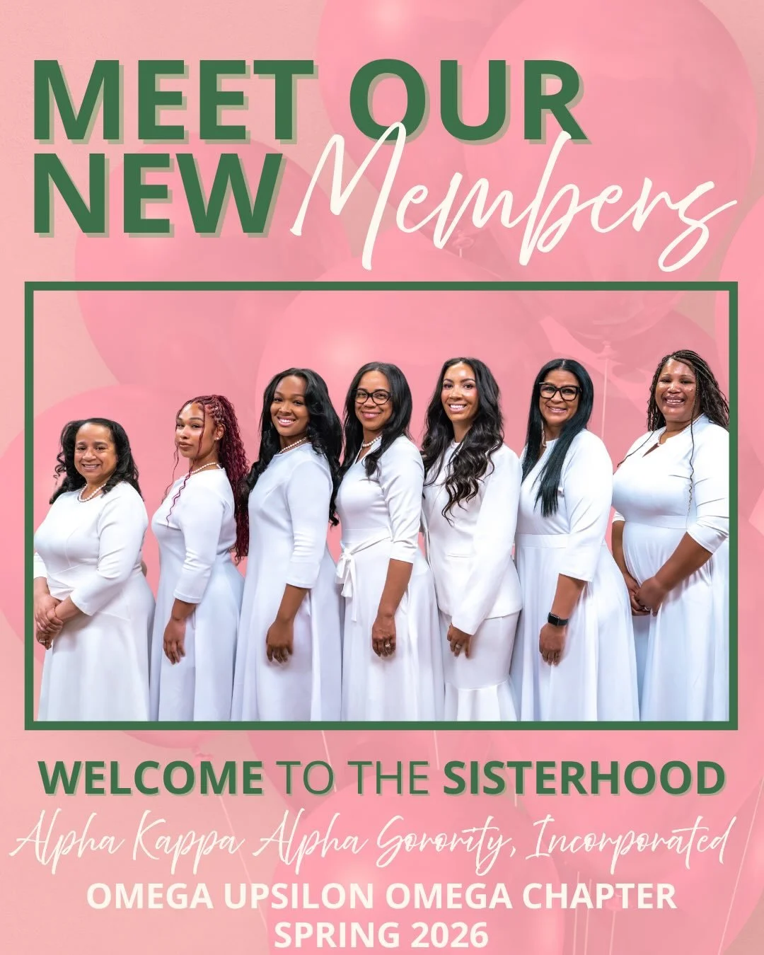 The legacy continues! 🎀✨

Please join the Omega Upsilon Omega Chapter in celebrating a beautiful milestone. On June 7, 2026, we were overjoyed to welcome seven incredible women into the illustrious sisterhood of Alpha Kappa Alpha Sorority, Incorpora