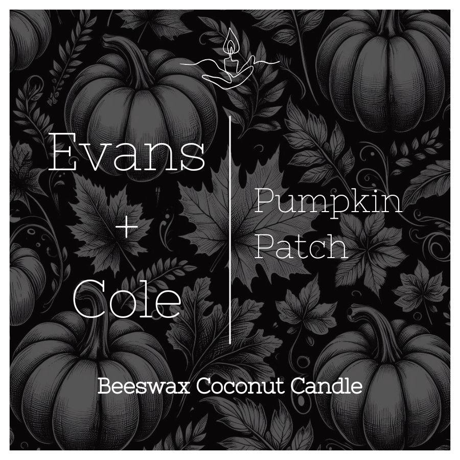 Design featuring pumpkins and leaves, advertising Evans + Cole beeswax coconut candle with pumpkin patch scent.