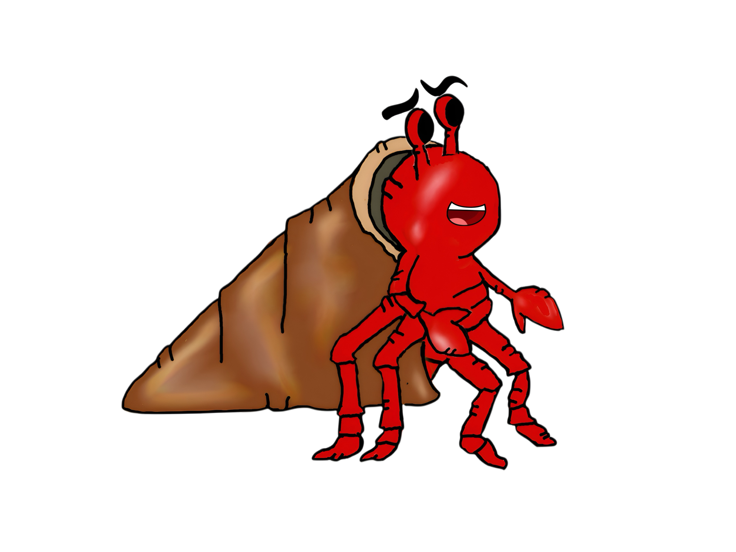 A cartoon illustration of a red lobster with a happy face sitting on a brown rock next to a brown sea shell.