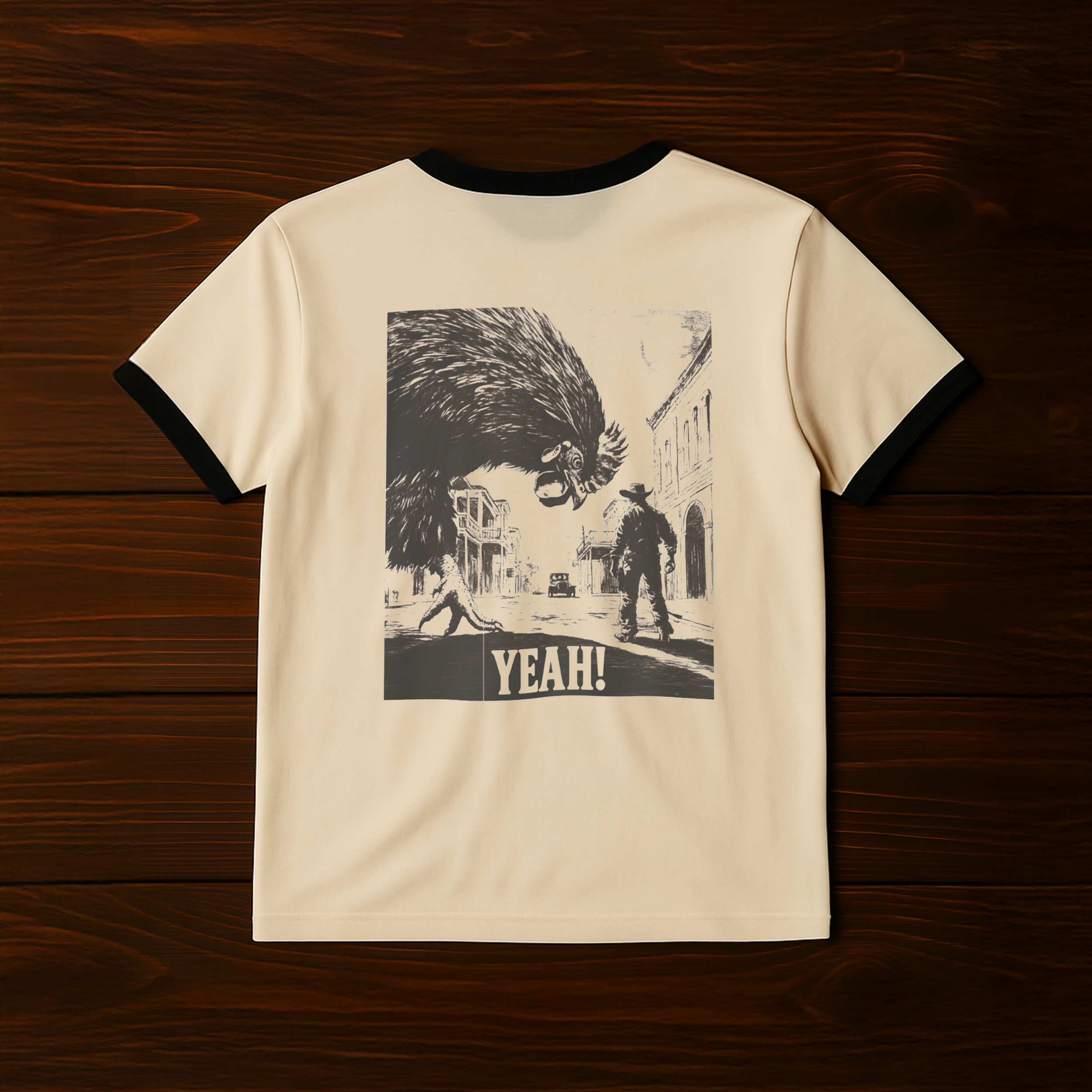 Here Comes the Rooster Ringer Tee in tan with black collar, bold illustrated graphic and text YEAH! on chest.