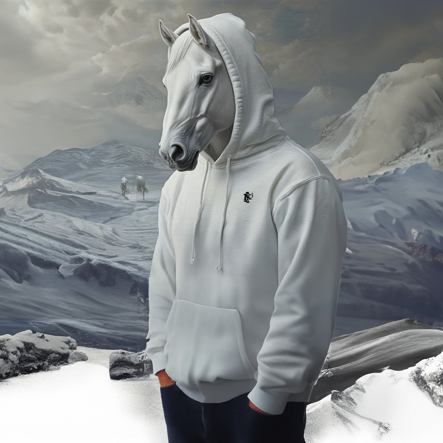 Front view of white Rebel Hoodie with bold black King Street Cowboys logo