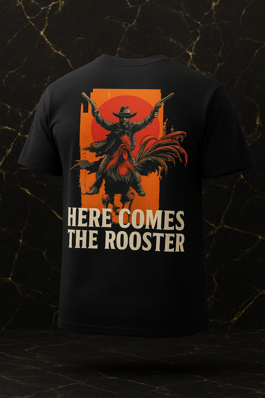 Here Comes the Rooster t-shirt black back with bold rooster graphic and text design