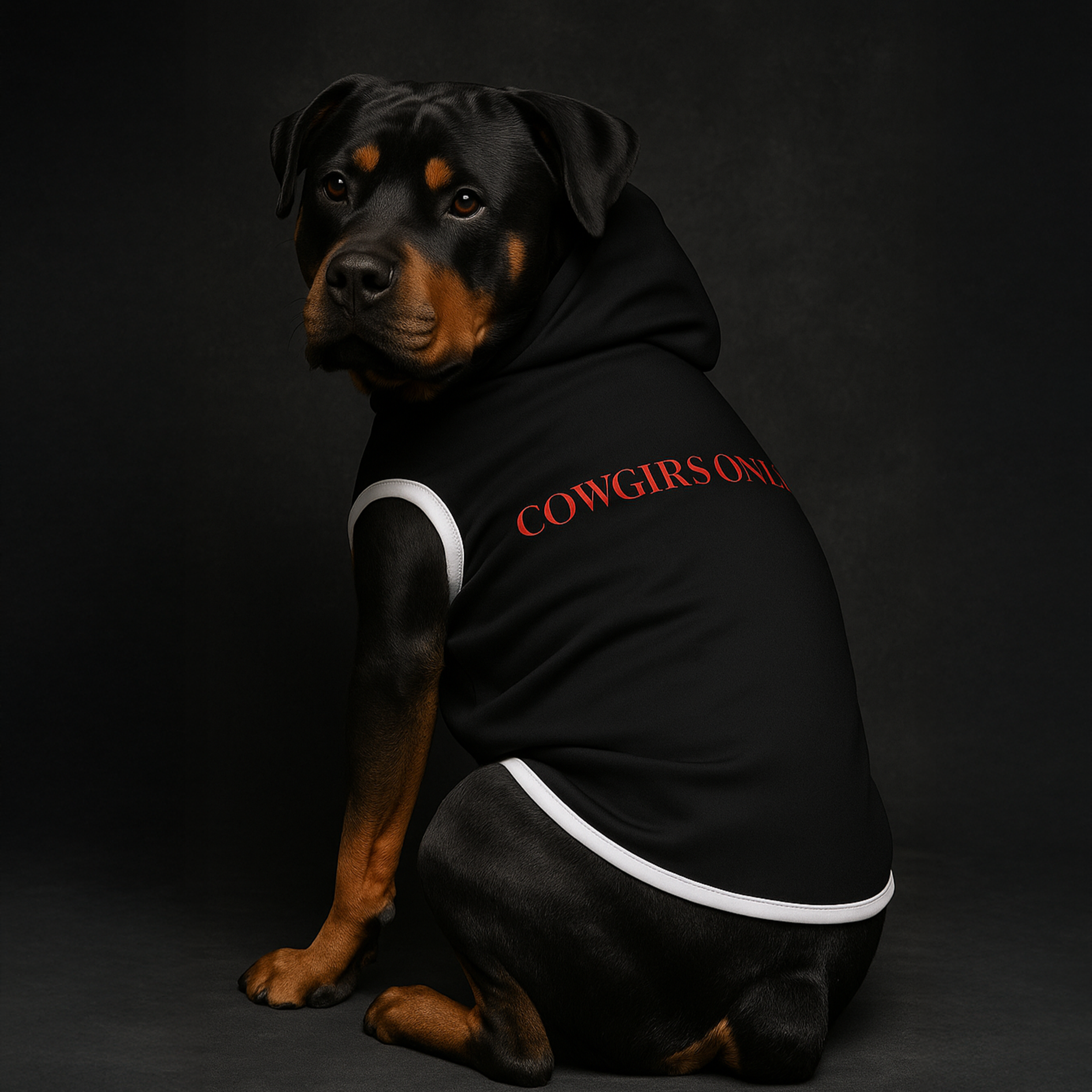 Rottweiler sitting in black dog hoodie with "COWGIRLS ONLY" on back.