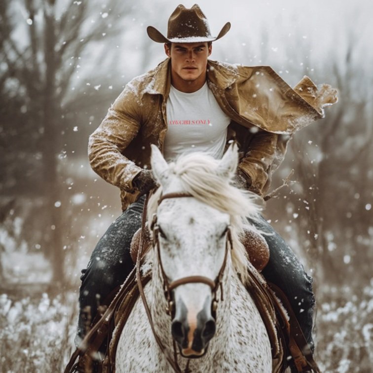 Front view of white Cowgirls Only T-Shirt with black text