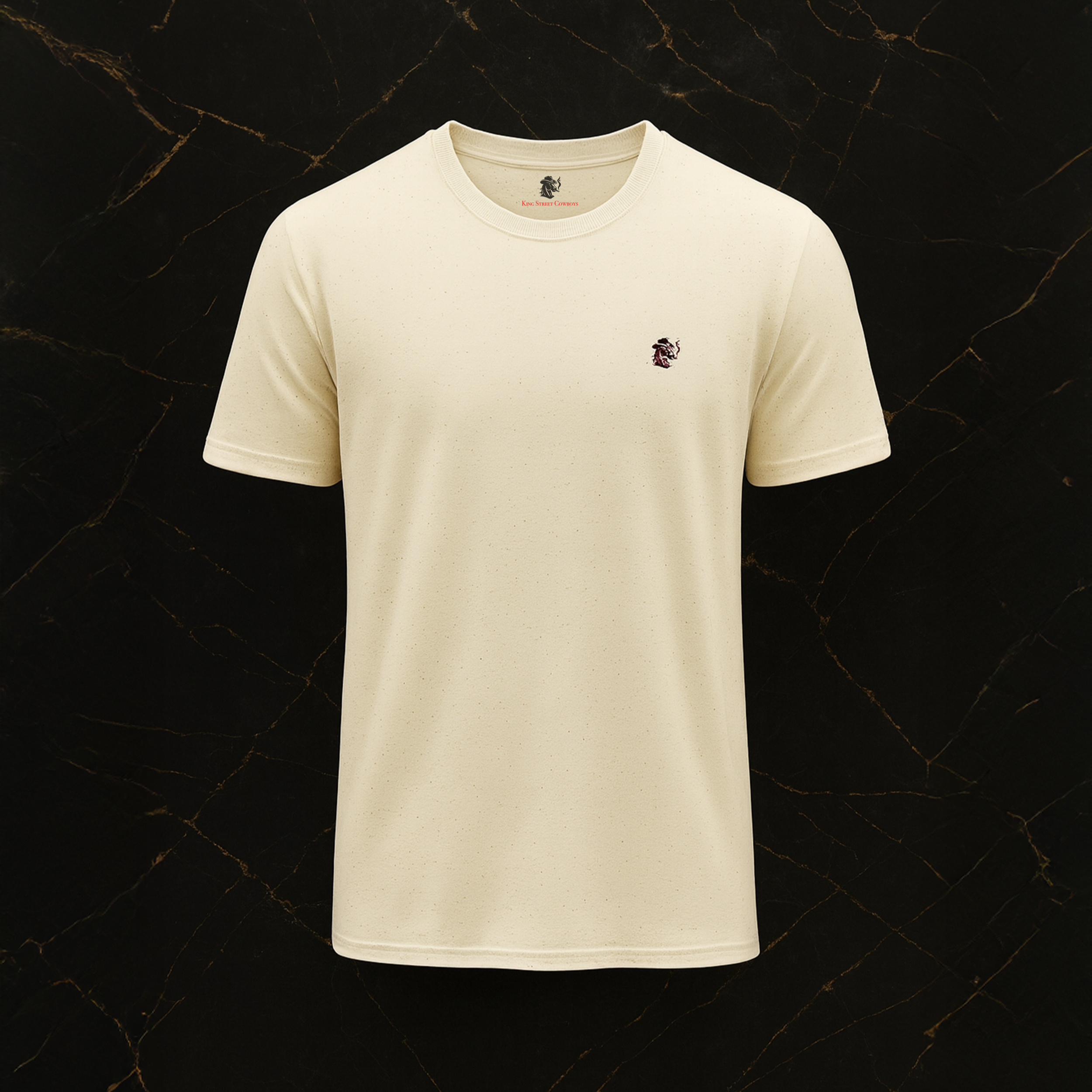 Here Comes the Rooster t-shirt beige front with small chest embroidery, short sleeve design