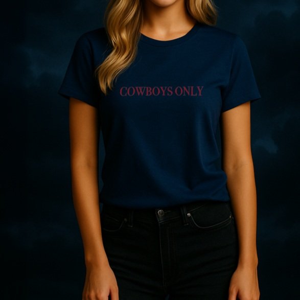 ront view of navy Cowboys Only T-Shirt with white chest text