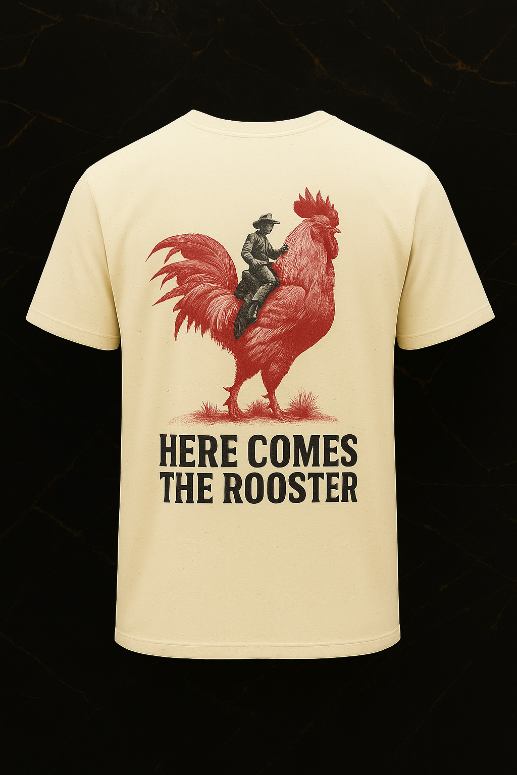 Here Comes the Rooster t-shirt beige back with bold rooster graphic and text print