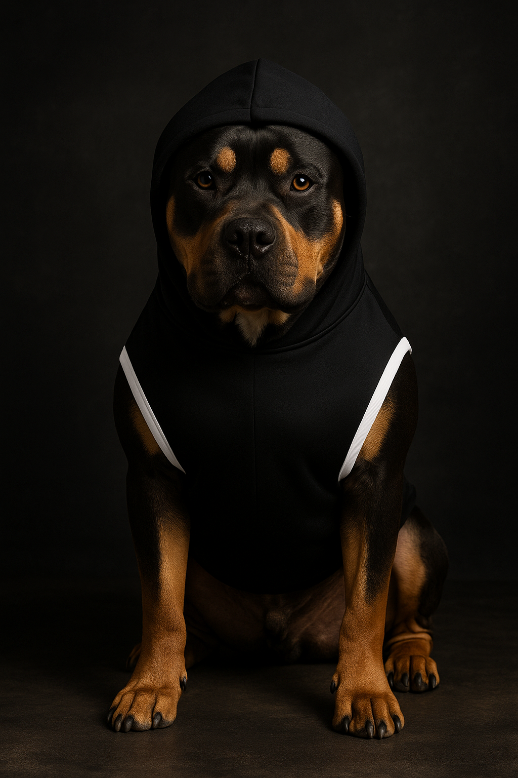Rottweiler wearing black dog hoodie with red "COWGIRLS ONLY" text, hood up.