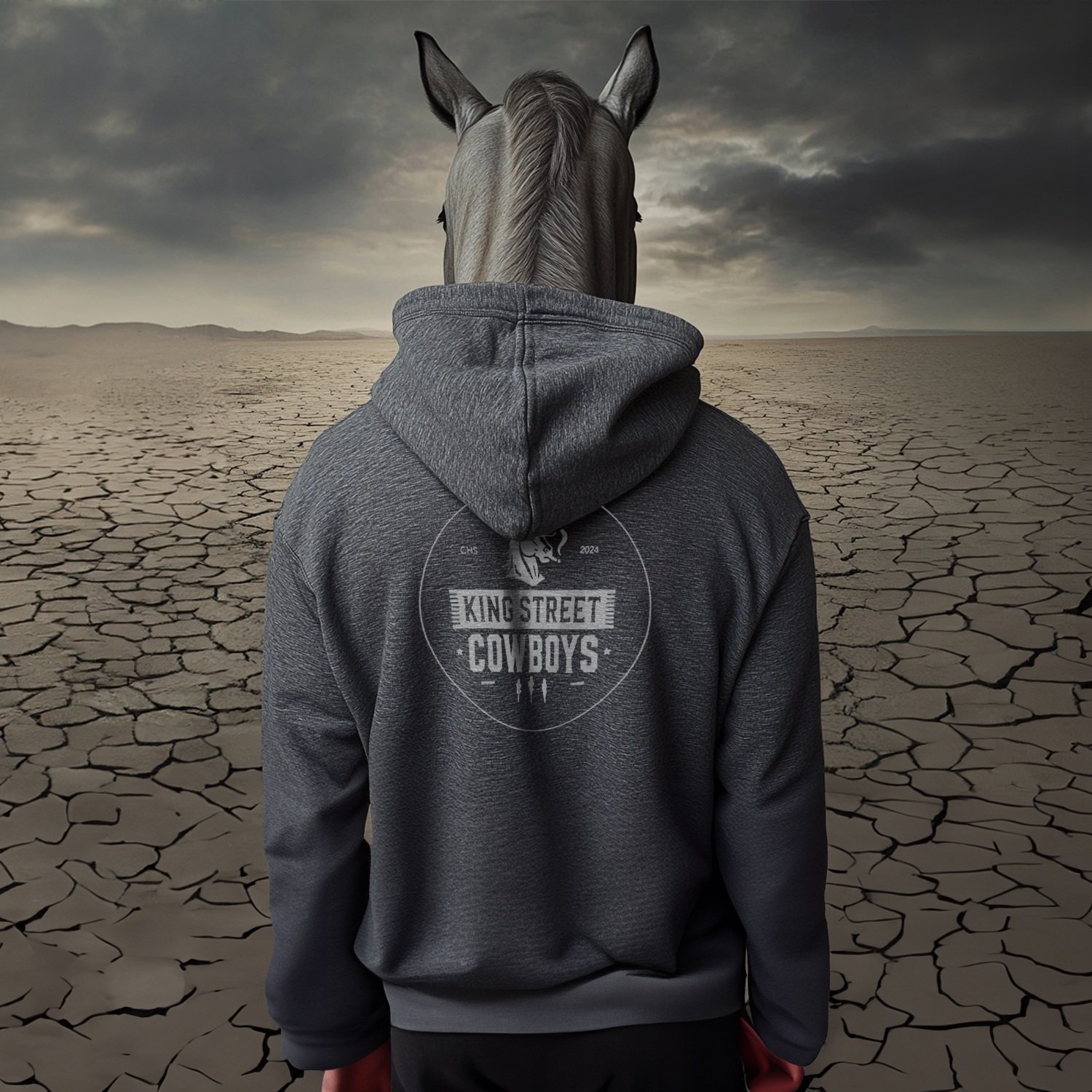 Back view of ash gray Rebel Hoodie with bold black rebel graphic design
