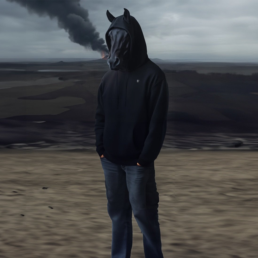 Front view of black Rebel Hoodie with white chest logo, worn by horse-masked model in desert