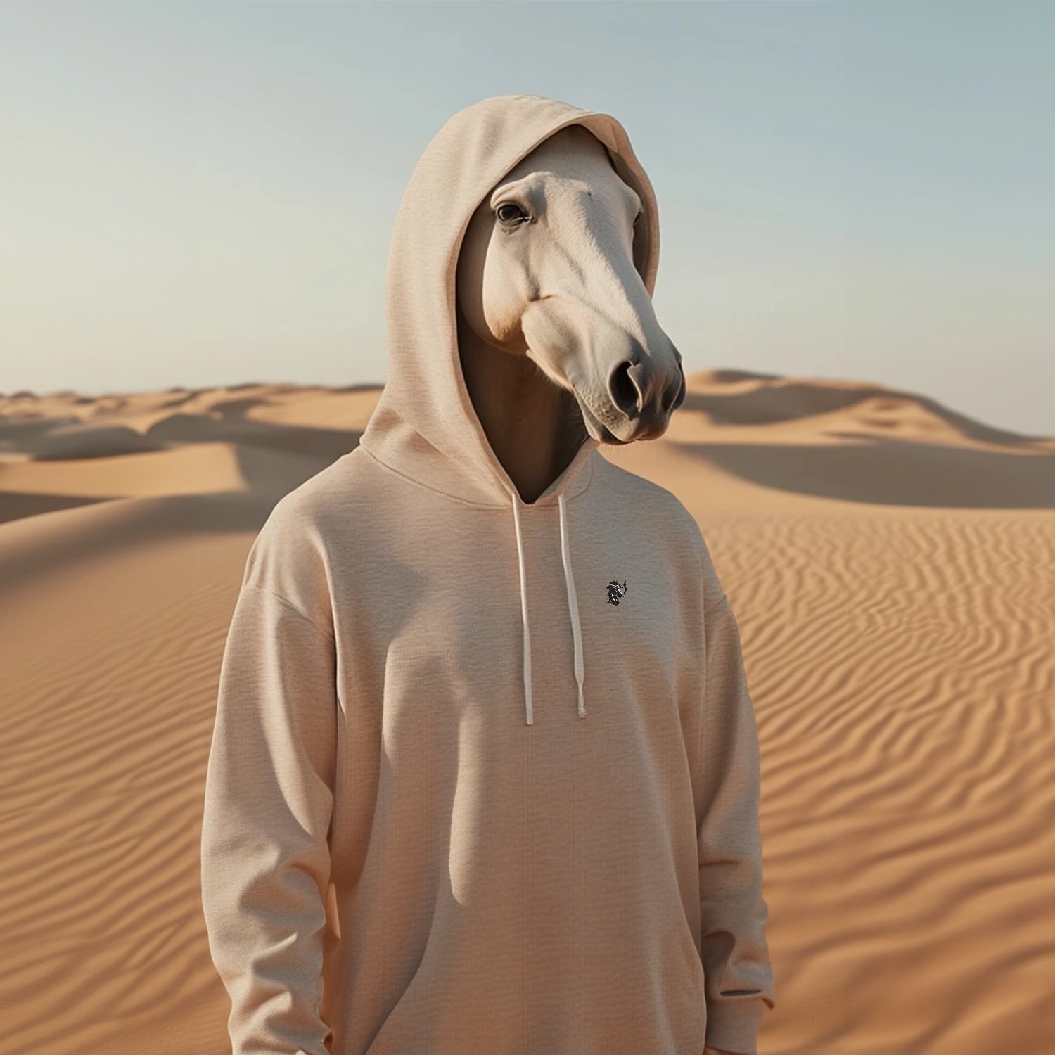 Front view of sand Rebel Hoodie with white King Street Cowboys logo in sunlit desert