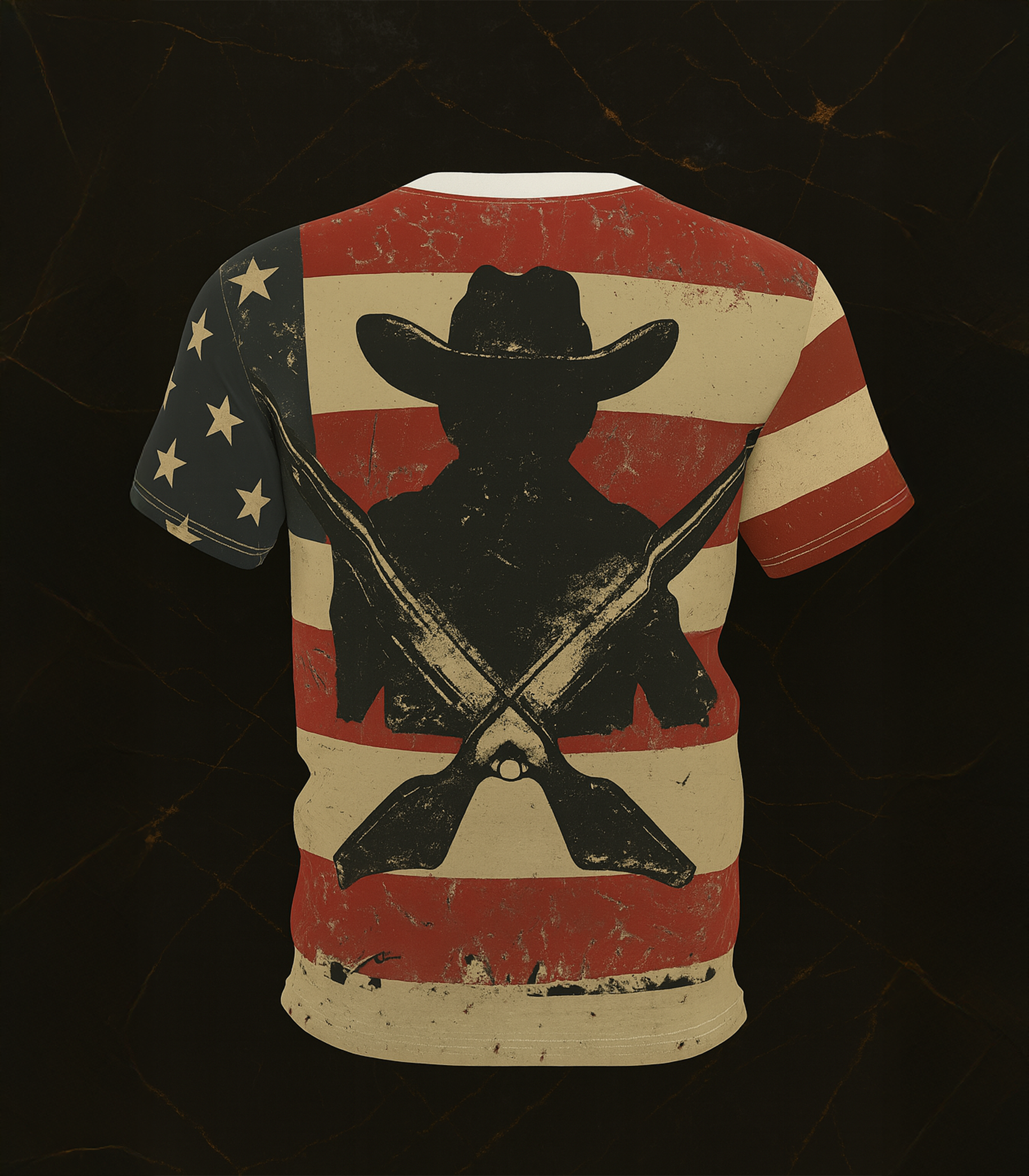 American Cowboy t-shirt back view with distressed American flag design and cowboy silhouette with crossed rifles
