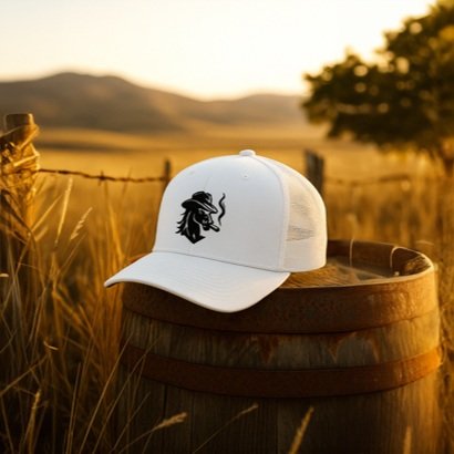 Front view of Arctic Rebel Hat with white crown and black brim