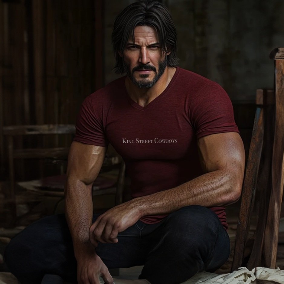 Front view of of John Wick wearing the true red King Street Cowboys T-Shirt with white logo