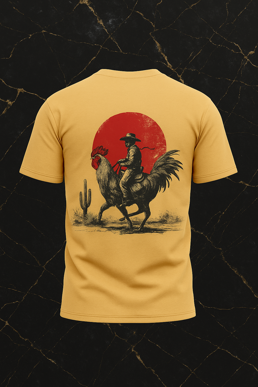 Rebel Rooster 2 t-shirt back view in gold featuring cowboy rooster graphic with red sun desert scene