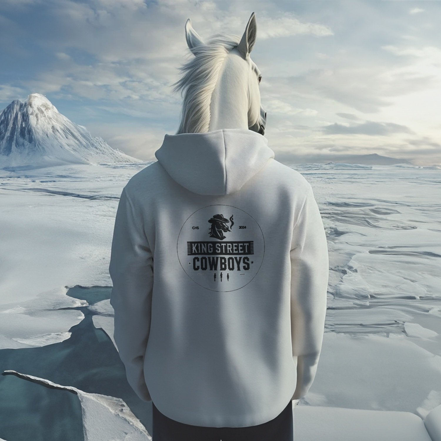 Back view of white Rebel Hoodie featuring large black rebel graphic
