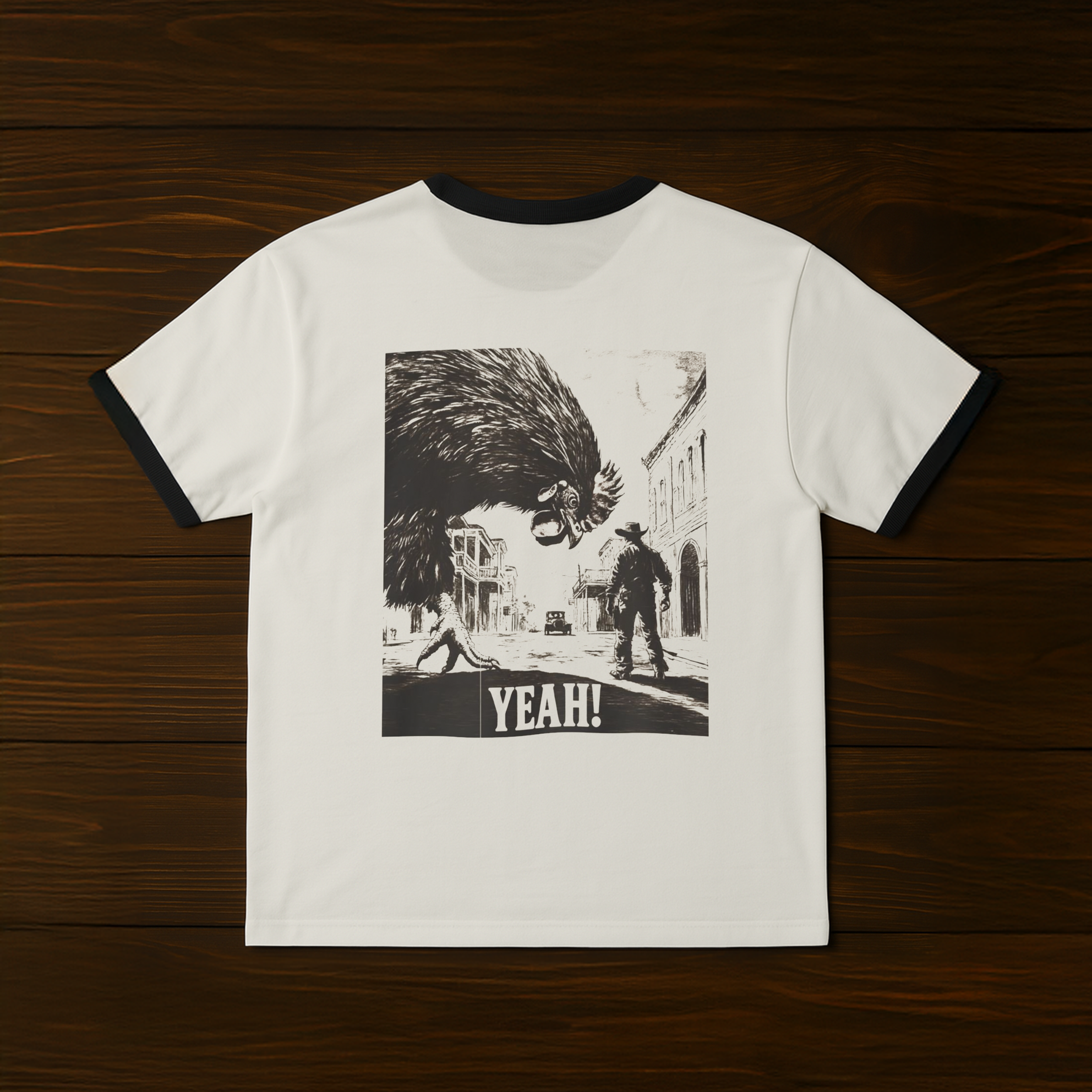 Here Comes the Rooster Ringer Tee in white with black collar, bold illustrated graphic and text YEAH! on chest.