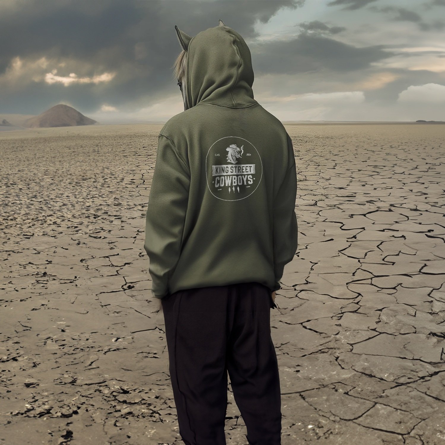 Back view of military green Rebel Hoodie with large white rebel-themed graphic