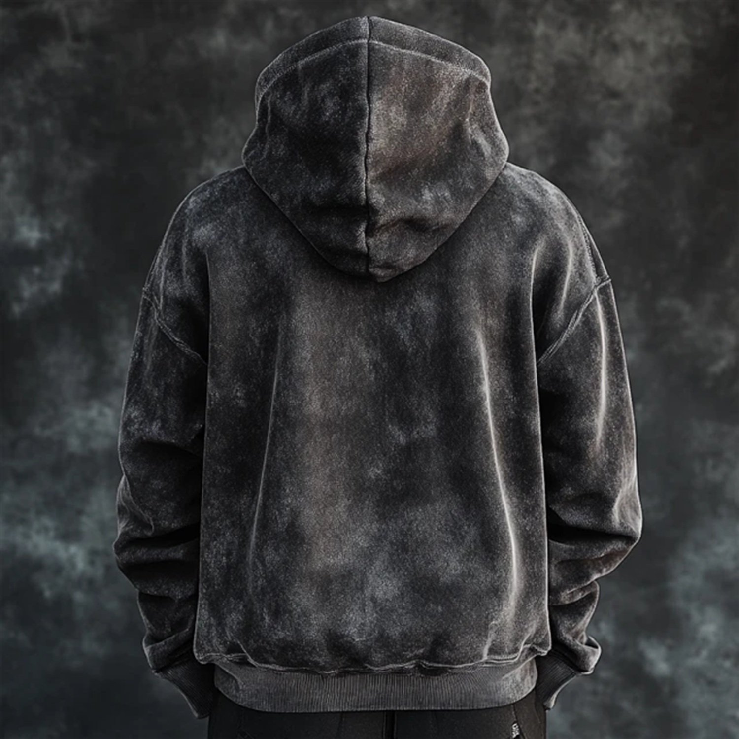 Back view of KSC Mineral Wash Hoodie in mineral grey featuring bold graphic print