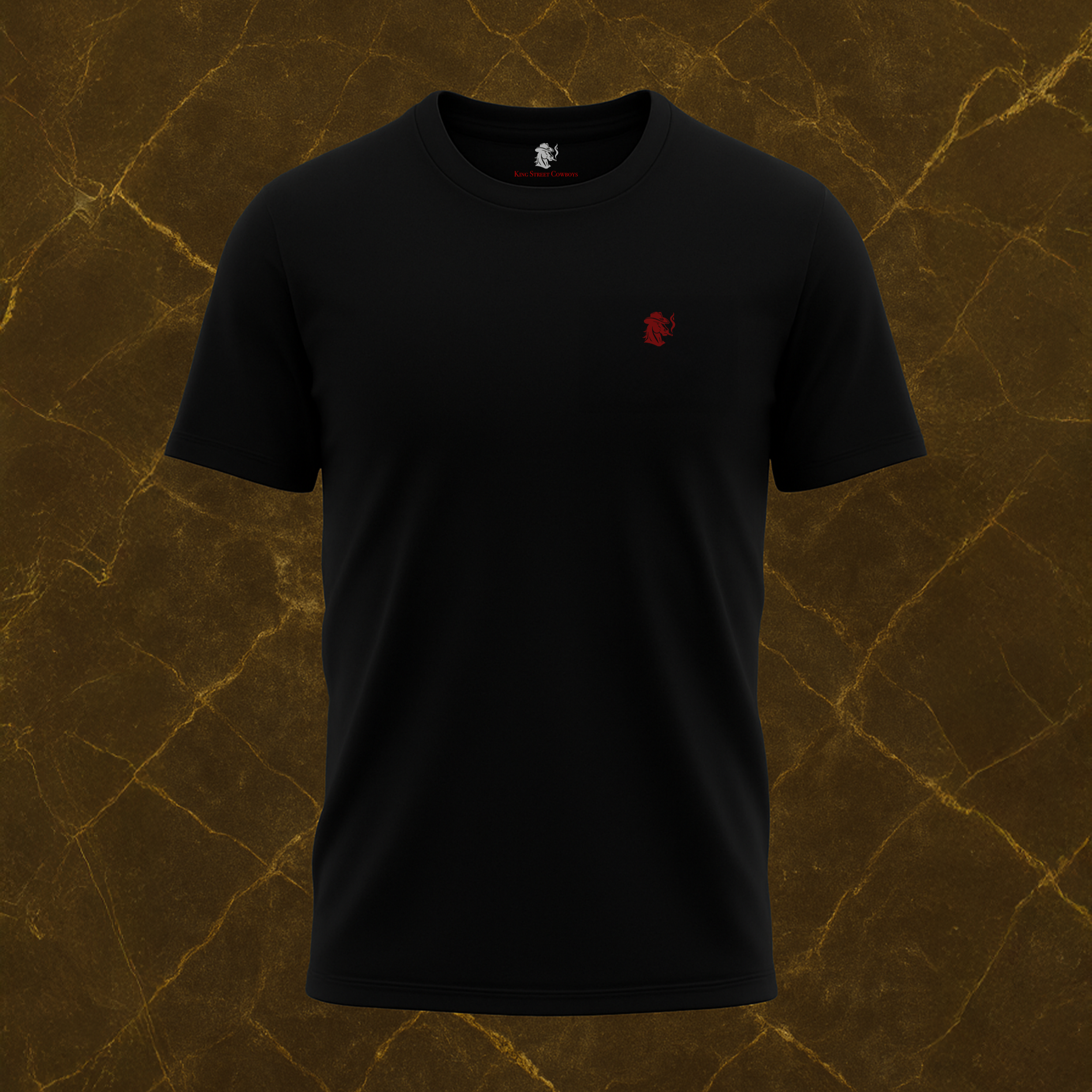 Here Comes the Rooster t-shirt black front with small chest embroidery, short sleeve streetwear design