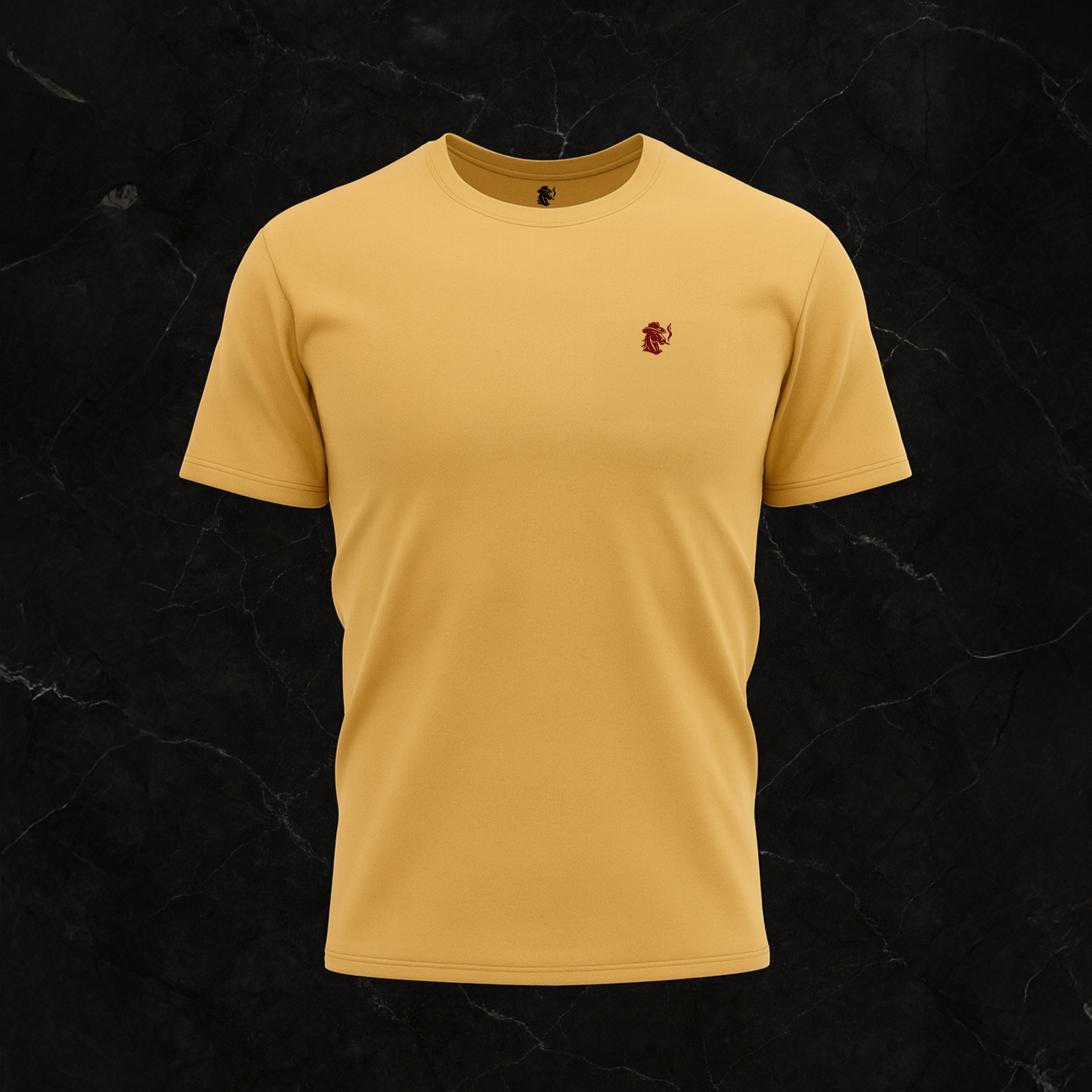 Rebel Rooster 2 t-shirt front view in gold with small embroidered chest logo, King Street Cowboys streetwear