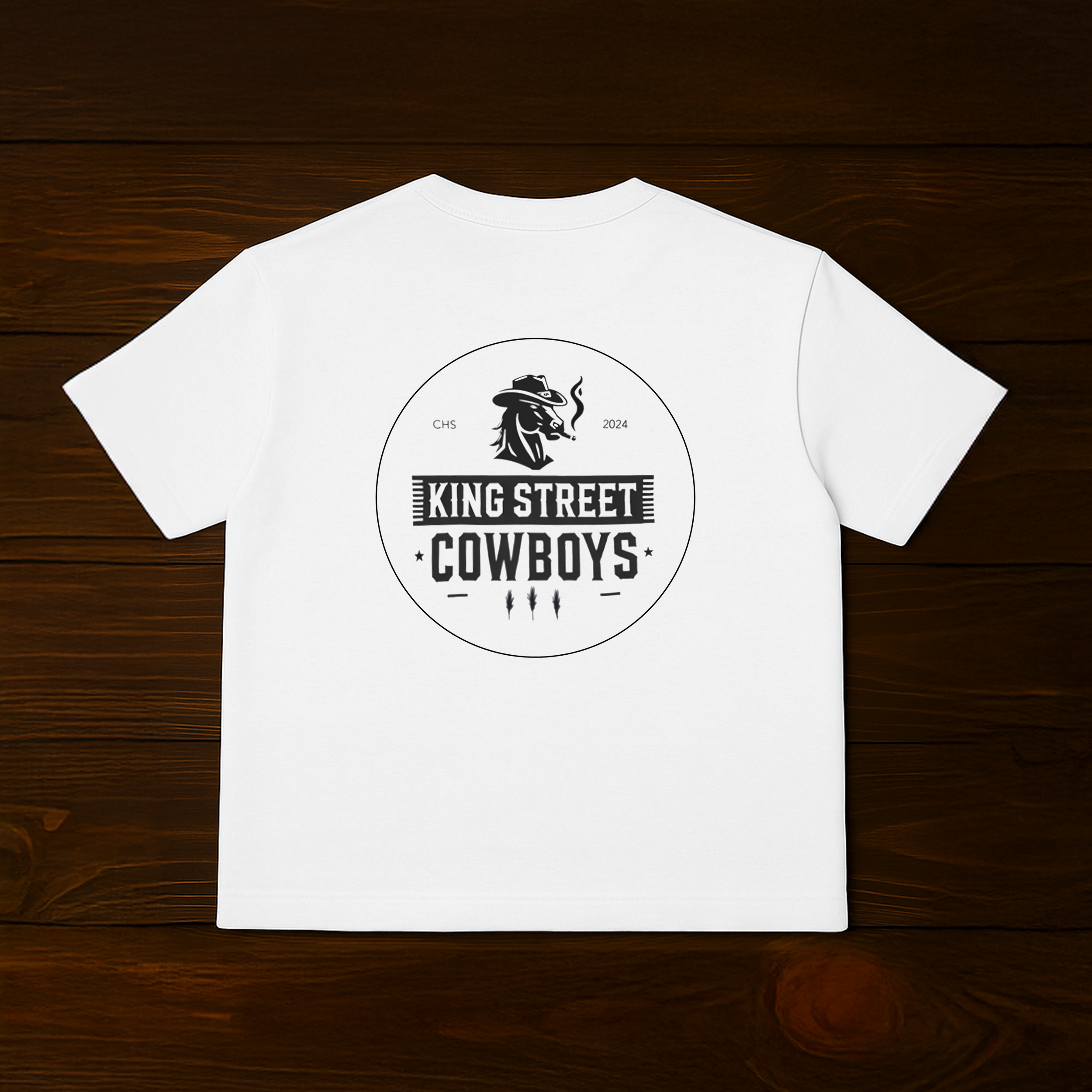King Street Cowboys sueded t-shirt in white with circular cowboy logo on back