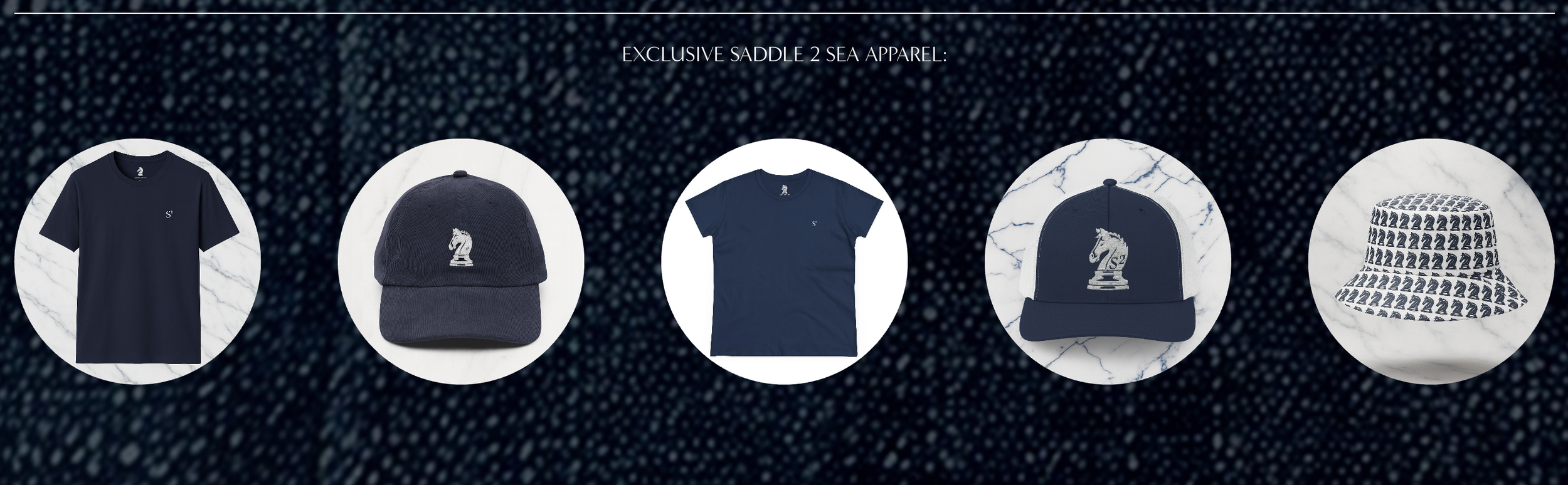 Collection of navy blue apparel and accessories with knight chess piece logo, including T-shirt, baseball cap, T-shirt, trucker hat, and bucket hat, displayed on white circular backgrounds with a dark blue dotted background.