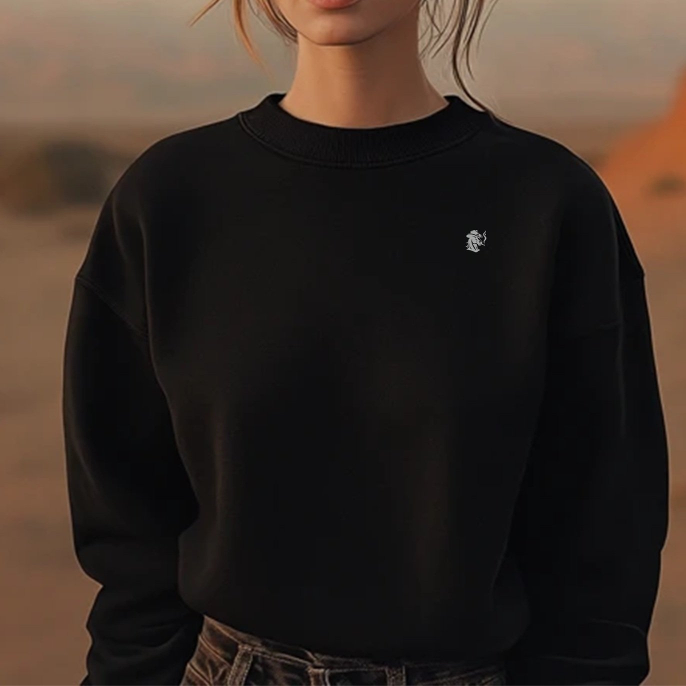 Front view of black Rebel Crewneck sweatshirt with classic fit