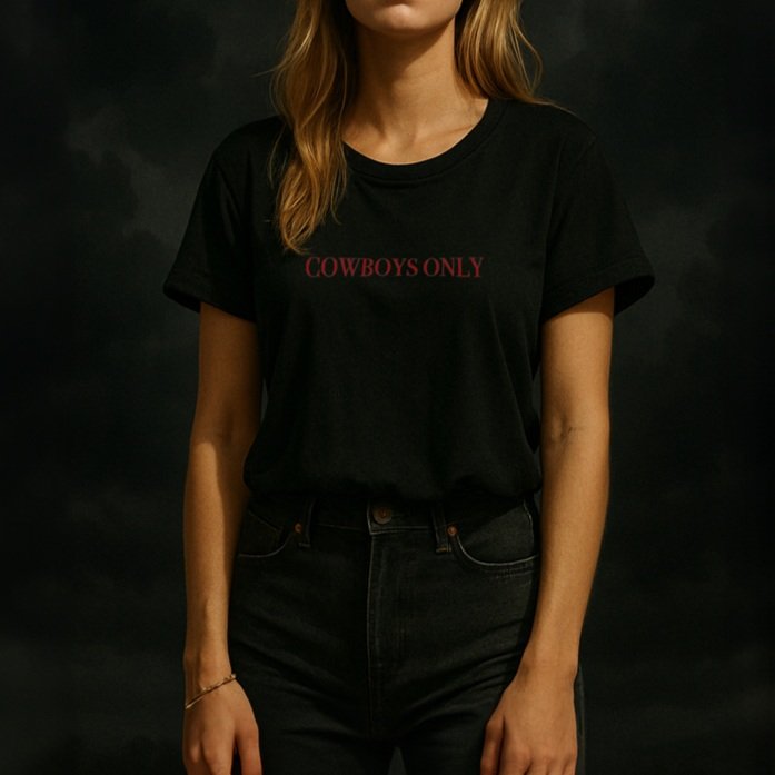 Front view of black Cowboys Only T-Shirt with white chest text