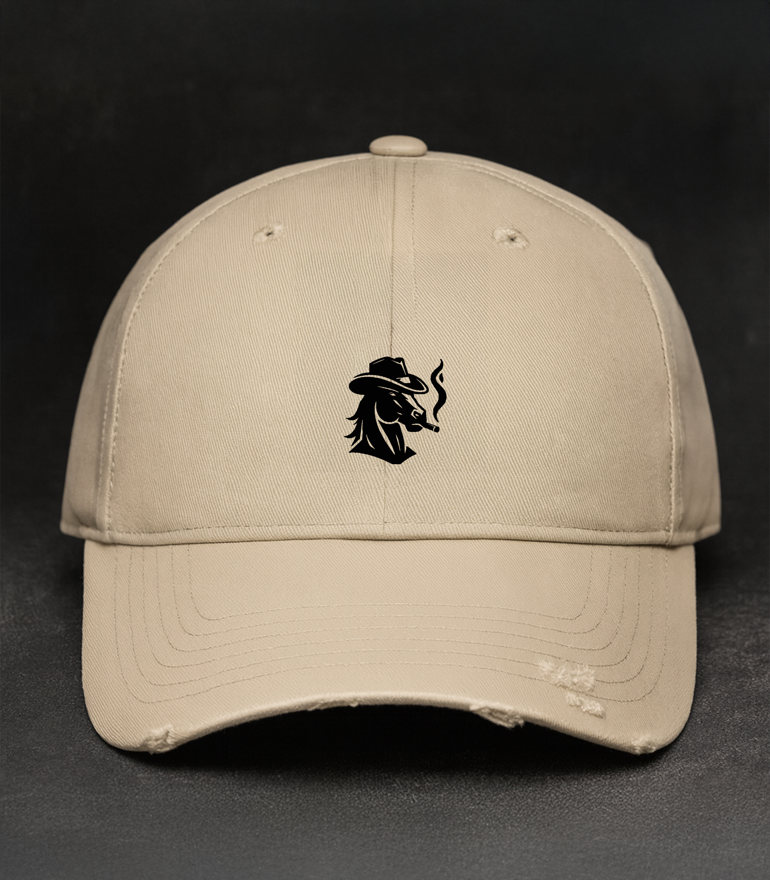 Front view of Rugged Rebel distressed baseball cap in beige with embroidered rebel logo.